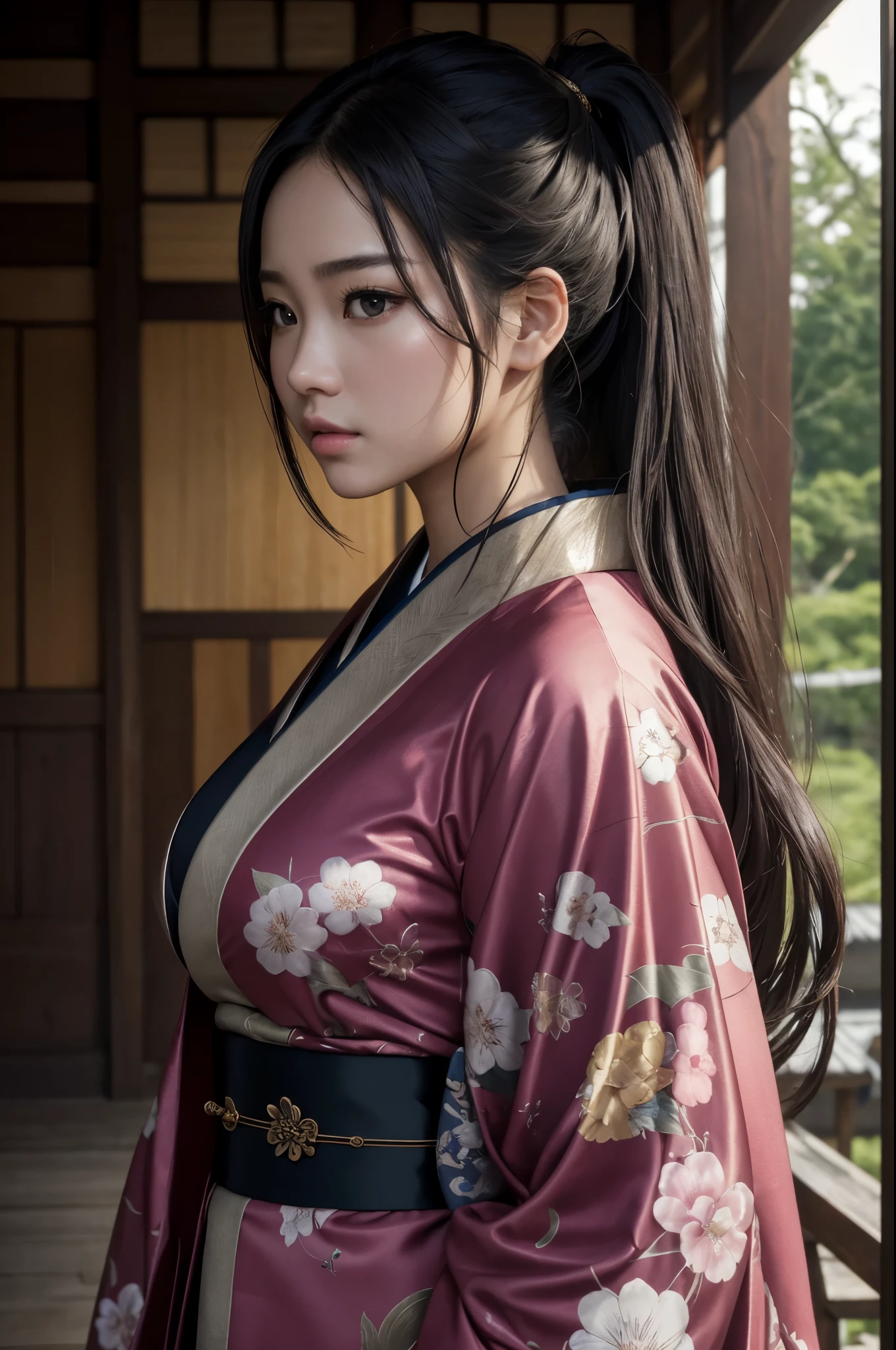 8K,(​masterpiece、top-quality:1.3)、超A high resolution,18year old,美しい女の子のaction scene、Super beauty(Like the real thing),length hair、Curvaceous、(1girl in)、((s lips))、(nase)、((Long face))、Regant、Stylish、A sexy、sharp gaze,Rugged look,Look at viewerlorals、soft makeup、Textured、like pattern ilm、Dynamic Posture、wide Shots、 Dramatic Lighting:1.1、(gradients)、naturey、(face perfect)、outline oconitide、coldness,light particules、(depth of fields)、(intricate-detail:1.2)、(highly detailed back ground)、East Asian Architecture,The charm of wearing kimono for adults,florals魁(Flashy kimono)facing front,A sexy,glares,gloomy atmosphere,Normal breasts,in woods,combat scene,action scene,actionpose,have a talisman in hand,