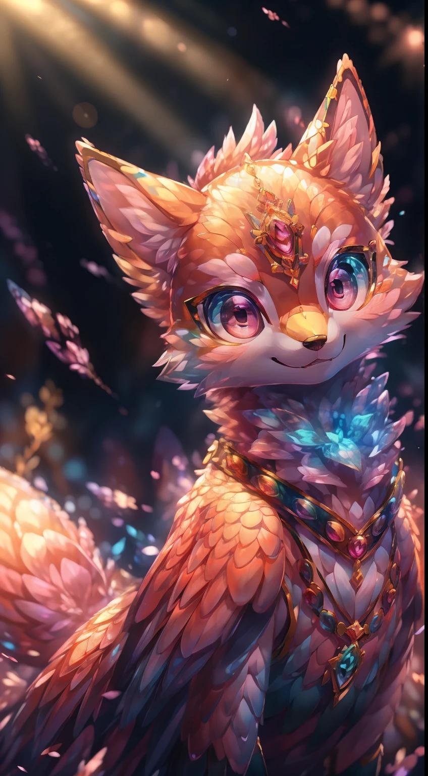 Cute white and pink cute fox, magia, 白色的magia烟雾从他的四面八方飘散开来, your pink eyes., Broken glass effect, no antecedent, Amazing, Something that doesn't even exist, Fabulous, vibrancy, molecules, textured, iridescent and luminous scales, Amazing美丽, pure perfection, divine being, memorable, impressionistic, Amazing美丽, volumettic light, featuring, Rays, bright color reflection