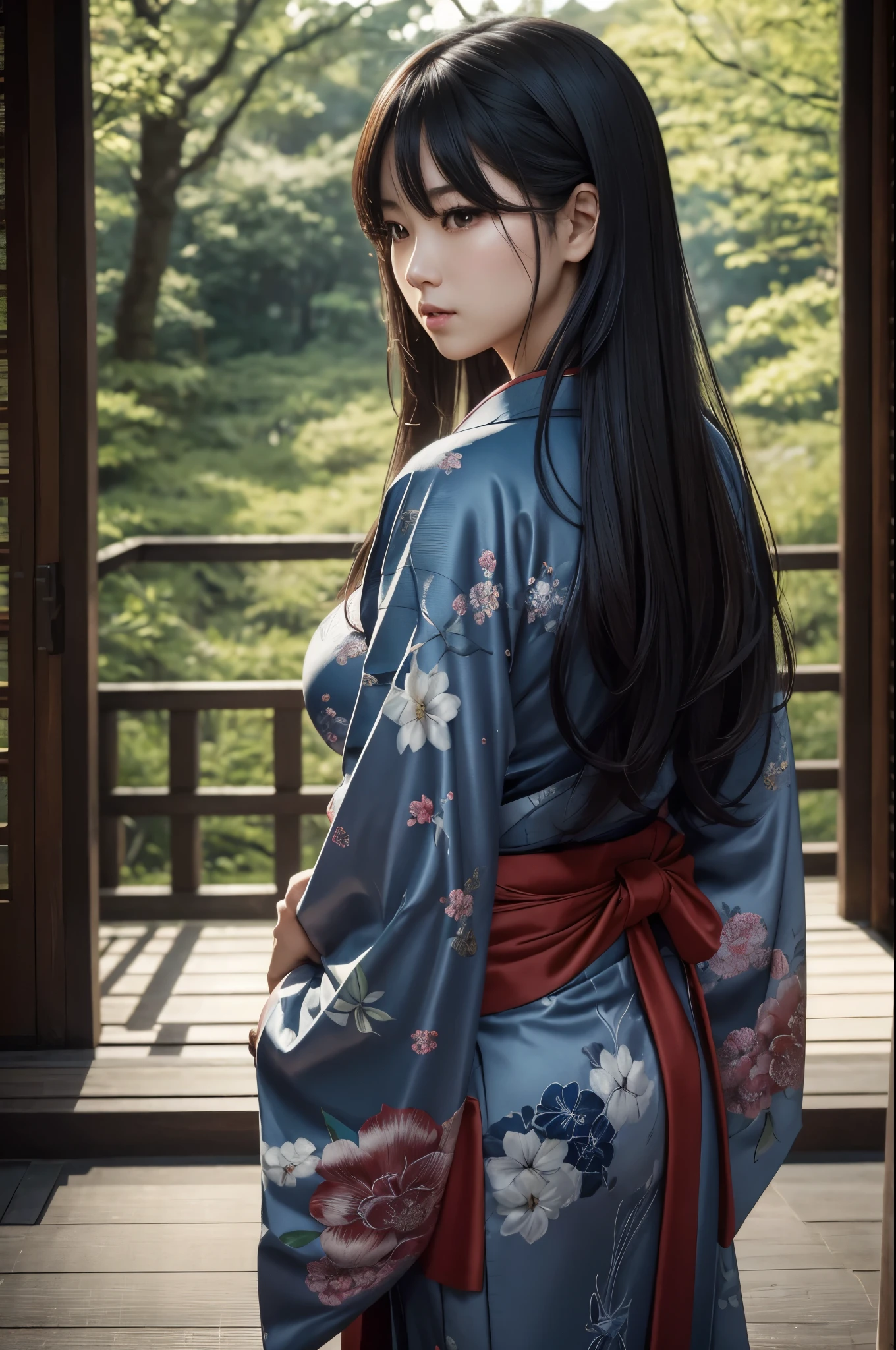 8K,(masterpiece、top-quality:1.3)、超A high resolution,18year old,美しい女の子のaction scene、Super beauty(Like the real thing),length hair、Curvaceous、(1girl in)、((s lips))、(nase)、((Long face))、Regant、Stylish、A sexy、sharp gaze,Rugged look,Look at viewerlorals、soft makeup、Textured、like pattern ilm、Dynamic Posture、wide Shots、 Dramatic Lighting:1.1、(gradients)、naturey、(face perfect)、outline oconitide、coldness,light particules、(depth of fields)、(intricate-detail:1.2)、(highly detailed back ground)、East Asian Architecture,The charm of wearing kimono for adults,florals魁(Flashy kimono)facing front,A sexy,glares,gloomy atmosphere,Normal breasts,in woods,combat scene,action scene,actionpose,have a talisman in hand,