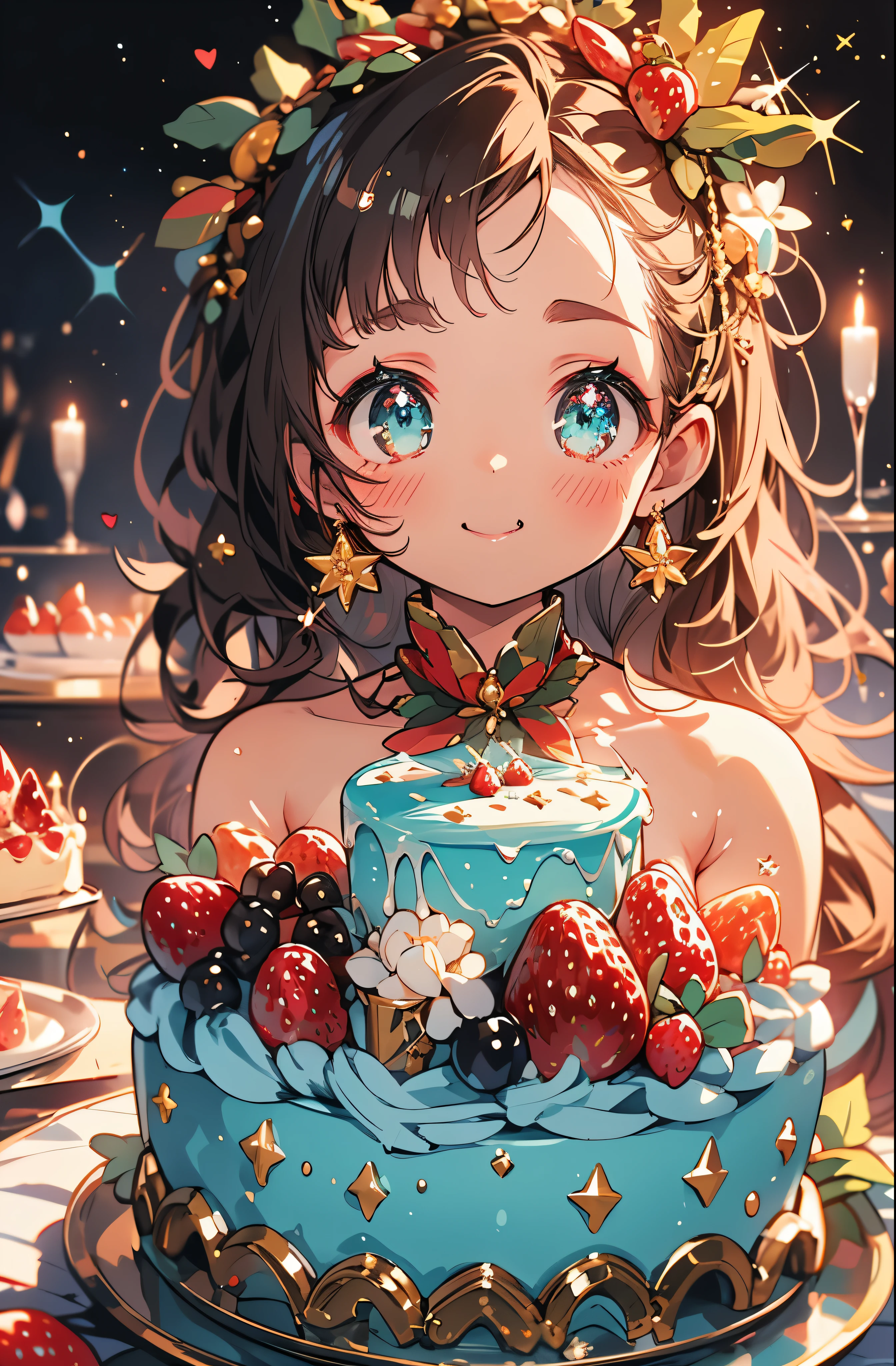 big strawberry christmas cake,Brown skin,1girl with,Beautiful Tiffany blue accessories studded with sparkling jewels,Stare at the delicious-looking cake with sparkling eyes,Cake full of everyone'tenderness,join the party'I was looking forward to it,sparkling champagne glasses,Glitter,Delicate Makeup,Too eyebrows,short bangs