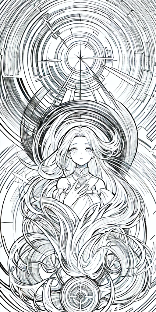 (masterpiece), hres, hight quality, 4k, unity render, 1girl, solo, lineart, (monochrome:1.2),intrincate detailed, orange hair, long hair