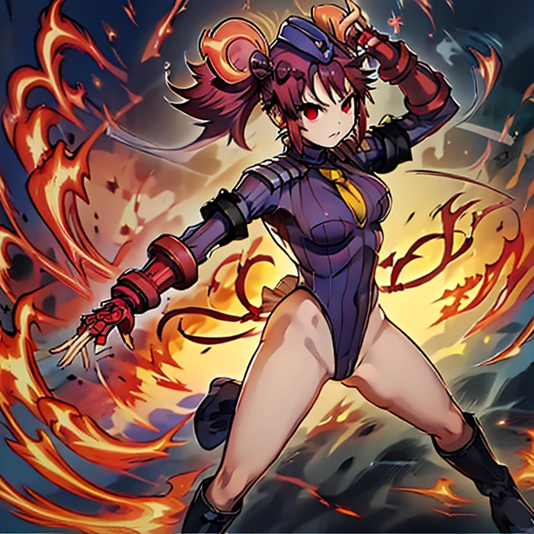 ultra-detailed, Explicit, Beautiful body, Beautiful Nose, Beautiful character design, perfect eyes, perfect face, ultra highres, 4K, beautiful legs, perfect legs, Nice hands, Perfect hand, Masterpiece, Best Quality, Highly detailed, illustration, absurdres, street fighter, doll suit, shadaloo doll, dollsuit, expressionless, blank eyes, looking at viewer, red gloves, emotionless, black latex, corrution, mind control, female combatant, full body, hypnotized, unhappy trance, full body suit, ribbed bodysuit, both arms at side, obey, perfect female body, extremely glossy latex, hypnosis, hypnoLora, empty eyes, Mind control device, poses, submissive_pose, Slave, hat, necktie, stand up straight, standing, standing at attention, hat, necktie, belt, latex, ribbed bodysuit, thighhighs, garter belt, Fighting Stance, extending the right arm from the shoulder into the air with a straightened hand, nazi saluting, military, military saluting, salute, thigh boots, Yu-Gi-Oh!, 1girl, solo, red eyes, red hair, bell, twintails, Ha-Re the Sword Mikanko