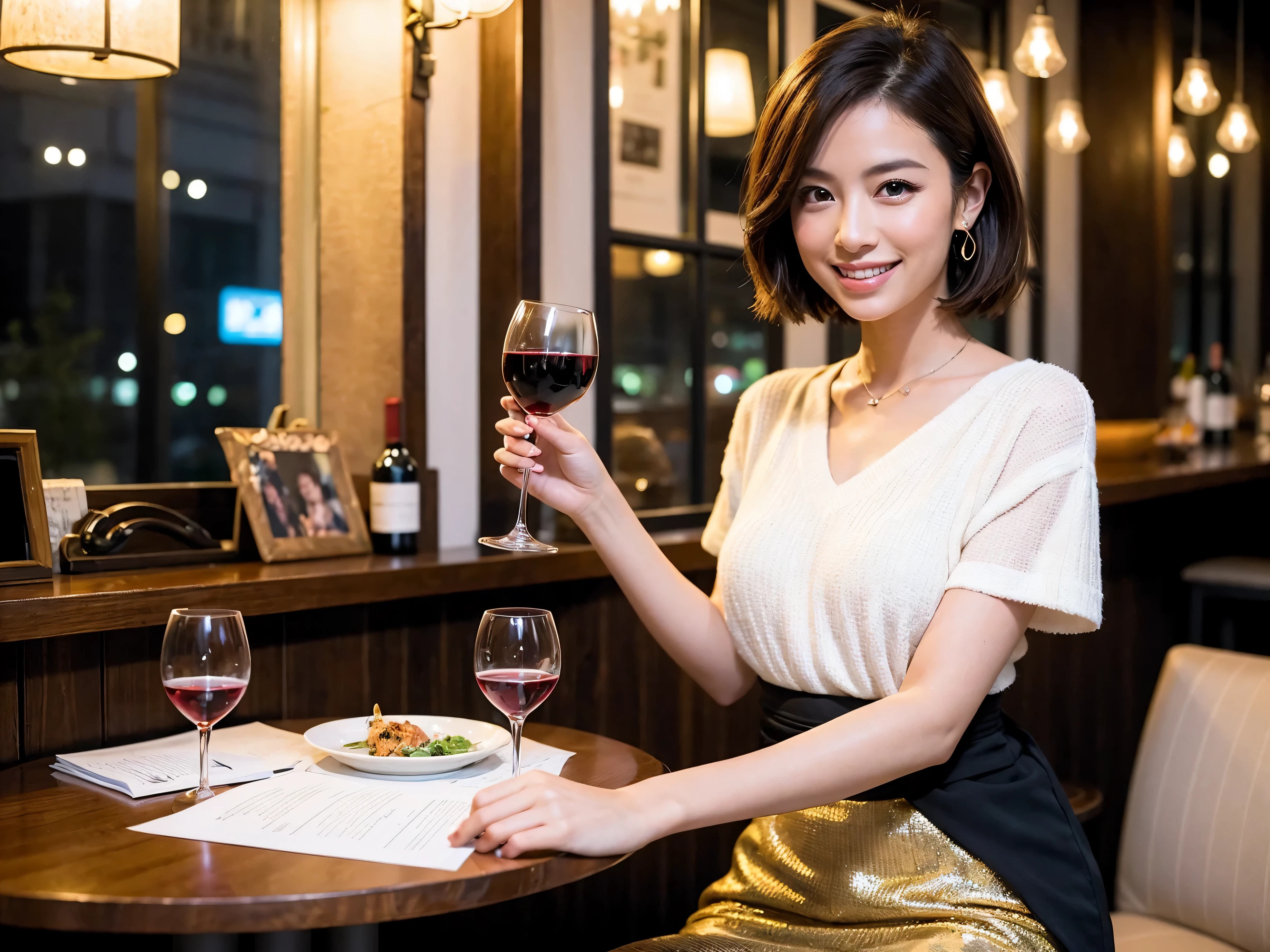 (64k uhd, nffsw, of the highest quality, masutepiece: 1.2), (Realistic, Photorealistic: 1.37), Pretty Woman 1, (Slim Face), (slimボティ), (Brown hair), (short-cut), Americana、Frenchman、cheeks blush a little, (40 years old), 38 years, Solo, A beautiful and detailed night view spreads out outside the window......., restaurant, wine glassesに座って, At night, In a prominent place (from waist up) NovaFrogStyle, actress, Model, waist-up, white wine, slim, wine glasses, Super clean night view, 真ん中に置かれたwine glasses, Happy smile, (Smile: 1.15), Beautiful fine eyes, Upper body, Bust Japan Up, Night, Short, Short, actress, Model, waist-up, white wine, slim, wine glasses, Super clean night view, 真ん中に置かれたwine glasses, Happy smile,