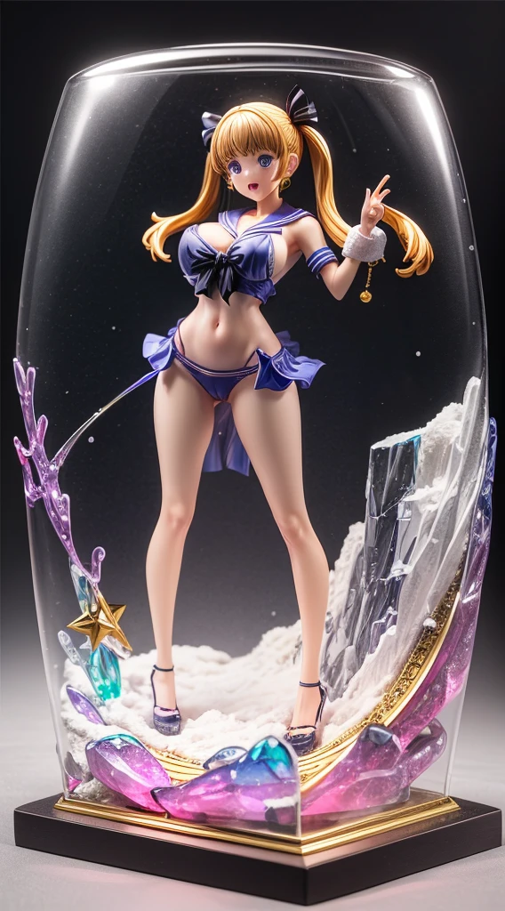 Ultra Miniature Paintings,pvc revoltech,figma,Shiny Colors,Crystal clear glowing eyes,embarrassed from,acrylic box,Realistic three-dimensional effect,Bright face,Crying face,A sexy,Cute acrylic stand girl,sailor,big breasts thin waist,Slim big,teats,toppless,gold shiny twin tails,Transparent vinyl,Transparent panties,konbini,showcase,spot light,inside the acrylic box,amusement,UFO Catcher,Snow globe,Star Rain,