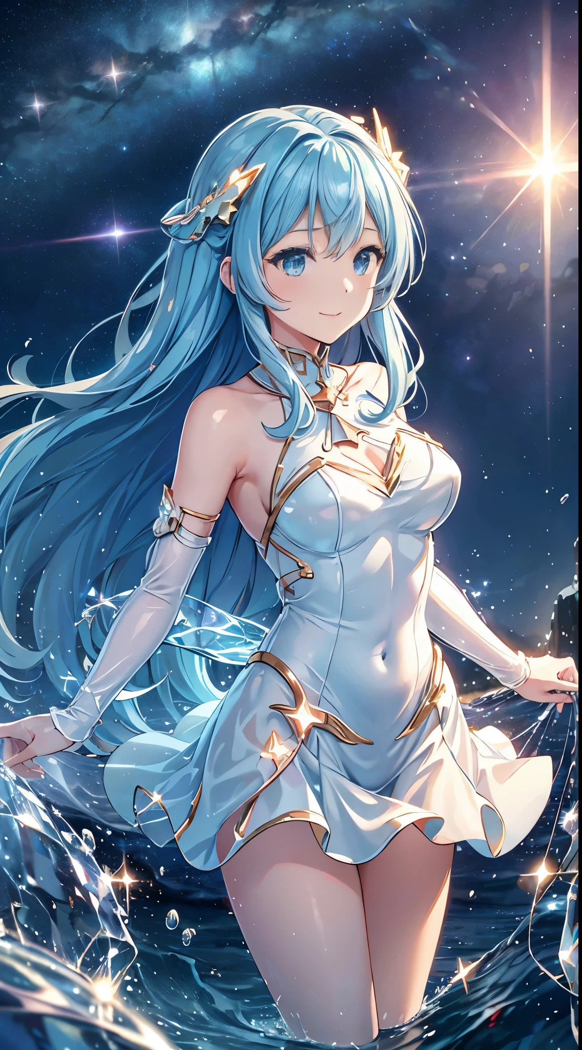 {{{masutepiece}}}, {{best qualtiy, An ultra-fine illustrations, beautifulanddelicatewater}}, {{very delicate light}}, {{Nature, Painting}}, {{Fine Lighting, More transparent stars, Very fine 8K PCG wallpaper}}, (plateau), Sunrise, randomly distributed clouds, cliff, ((Rotating starry sky)), Beautiful girl with long light blue hair with luminous particles、Twin-tailed、adorable smiling、facing front、super gloss metallic coral yellow suit