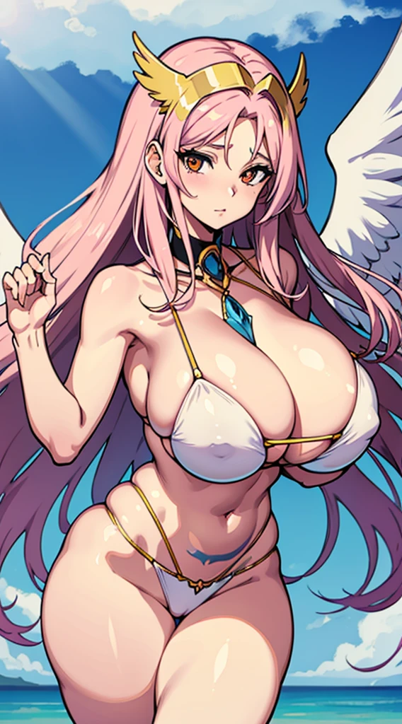 Angewomon the busty milf angel from digimon, looking like a hot babe,gourgeous goddess,beautifull,cute face with a large,curvy voluptuous body, massive breasts, thick thighs wearing see through golden bikini