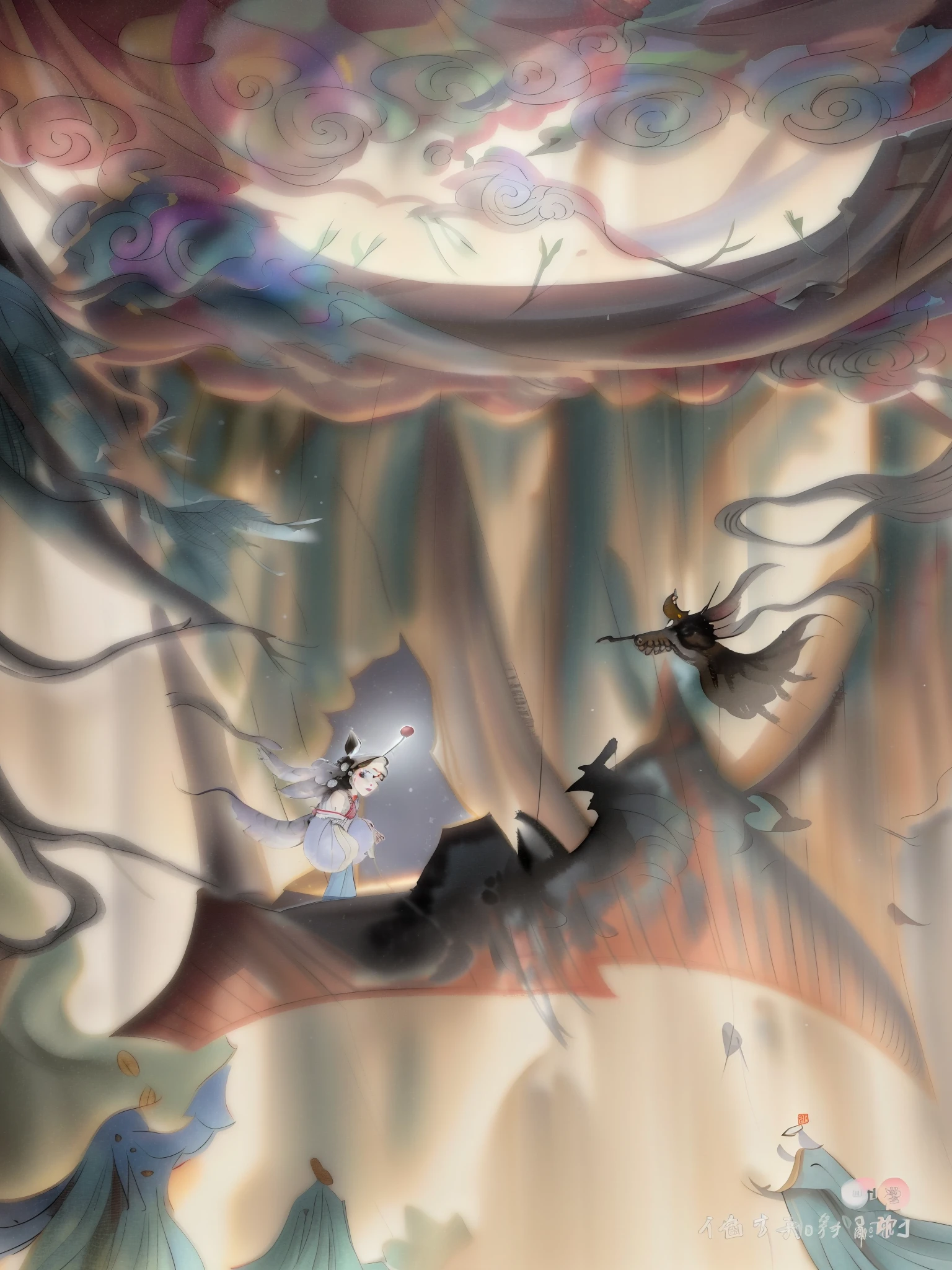 (best quality,4k,8k,highres,masterpiece:1.2),ultra-detailed,(realistic,photorealistic,photo-realistic:1.37),Chinese shadow puppet show stage,lively and colorful,classic characters from ancient Chinese legends,Chang'e flying to the moon,playful and mischievous Sun Wukong from Journey to the West, majestic Erlang Shen,traditional Chinese shadow puppet costumes,expressive and detailed eyes,expressive and detailed lips,mystical and enchanting backdrop,traditional art form,rich and vibrant colors,subtle stage lighting,traditional Chinese aesthetics