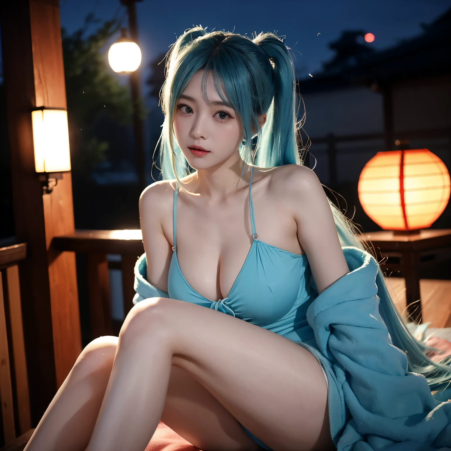 masterpiece、image quality、超高分辨率、Big breasts Hatsune Miku、blue hairs、double taile red in the face、cute and shy、underdressing、Beautifully shaped thighs、kyoto、jpn、the night