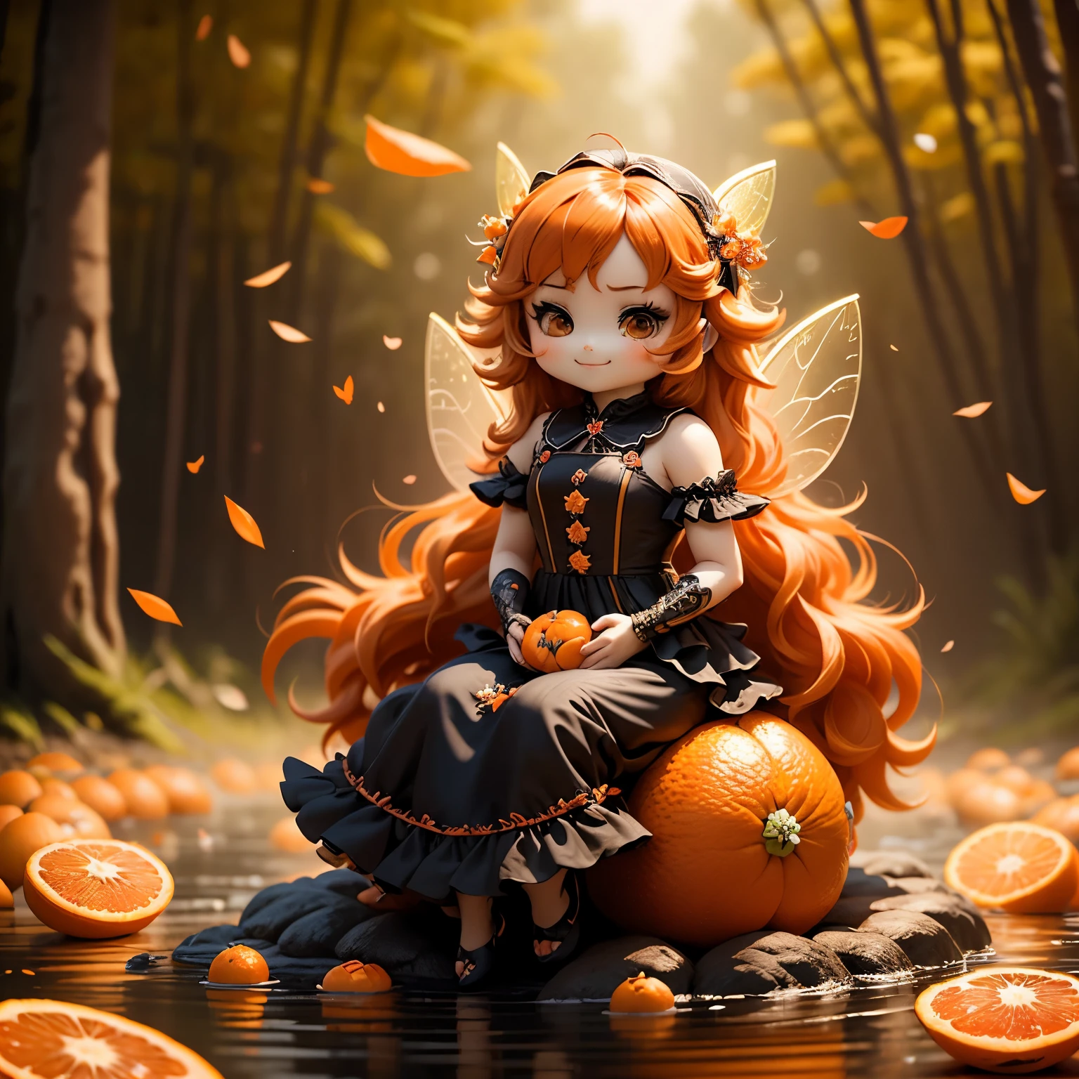 masterpiece、top-quality、ultra-detailliert、(Chibi Chara Fairy:1.3),Long orange wavy hair sways in the wind,Black eyes,Luxurious orange long dress with ruffles and peplum,(sit on tangerine fruit:1.3),Open your mouth and smile。fairy tale summer forest,