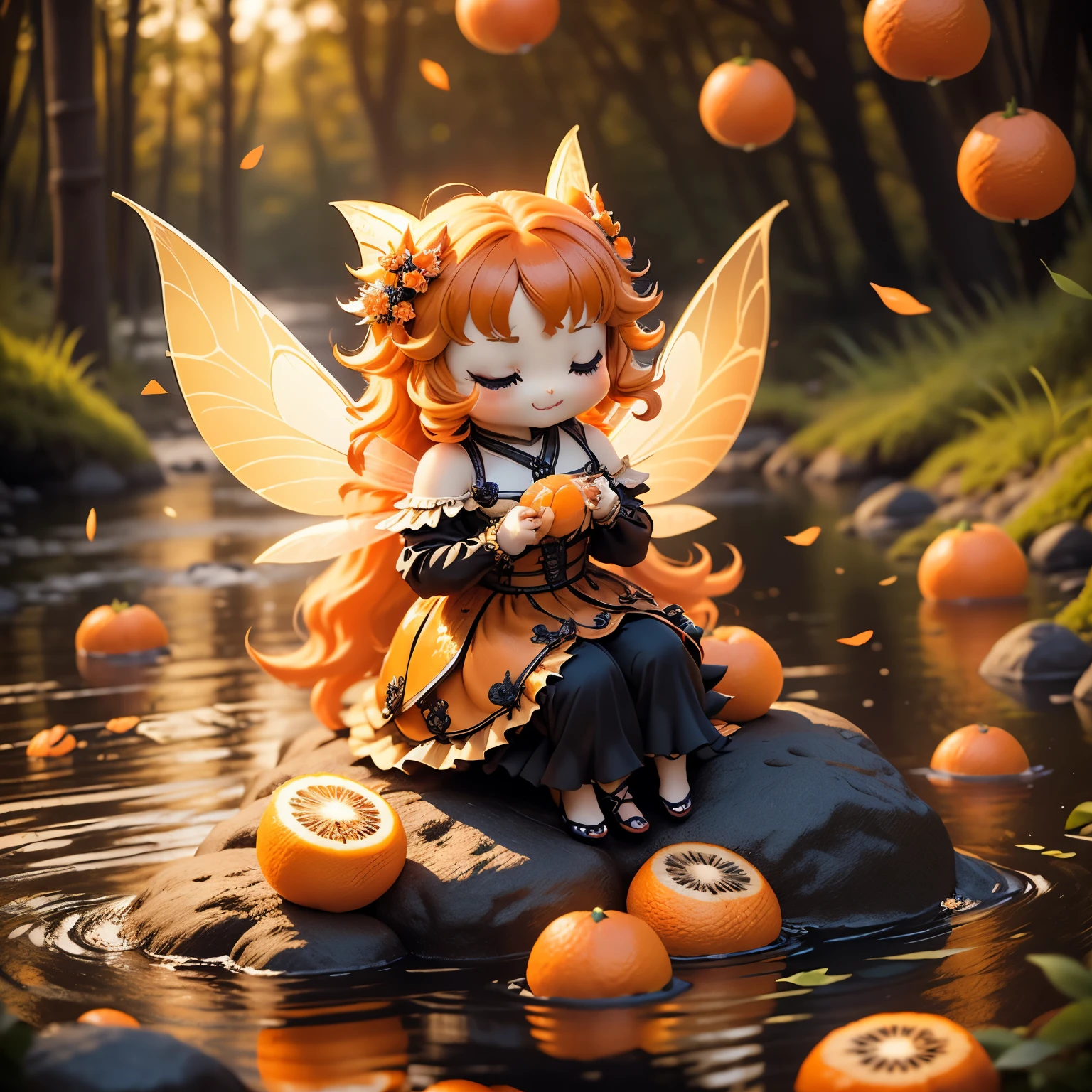 ​masterpiece、top-quality、ultra-detailliert、(Chibi Chara Fairy:1.3),Long orange wavy hair sways in the wind,Black eyes,Luxurious orange long dress with ruffles and peplum,(sit on tangerine fruit:1.3),Open your mouth and smile。fairy tale summer forest,