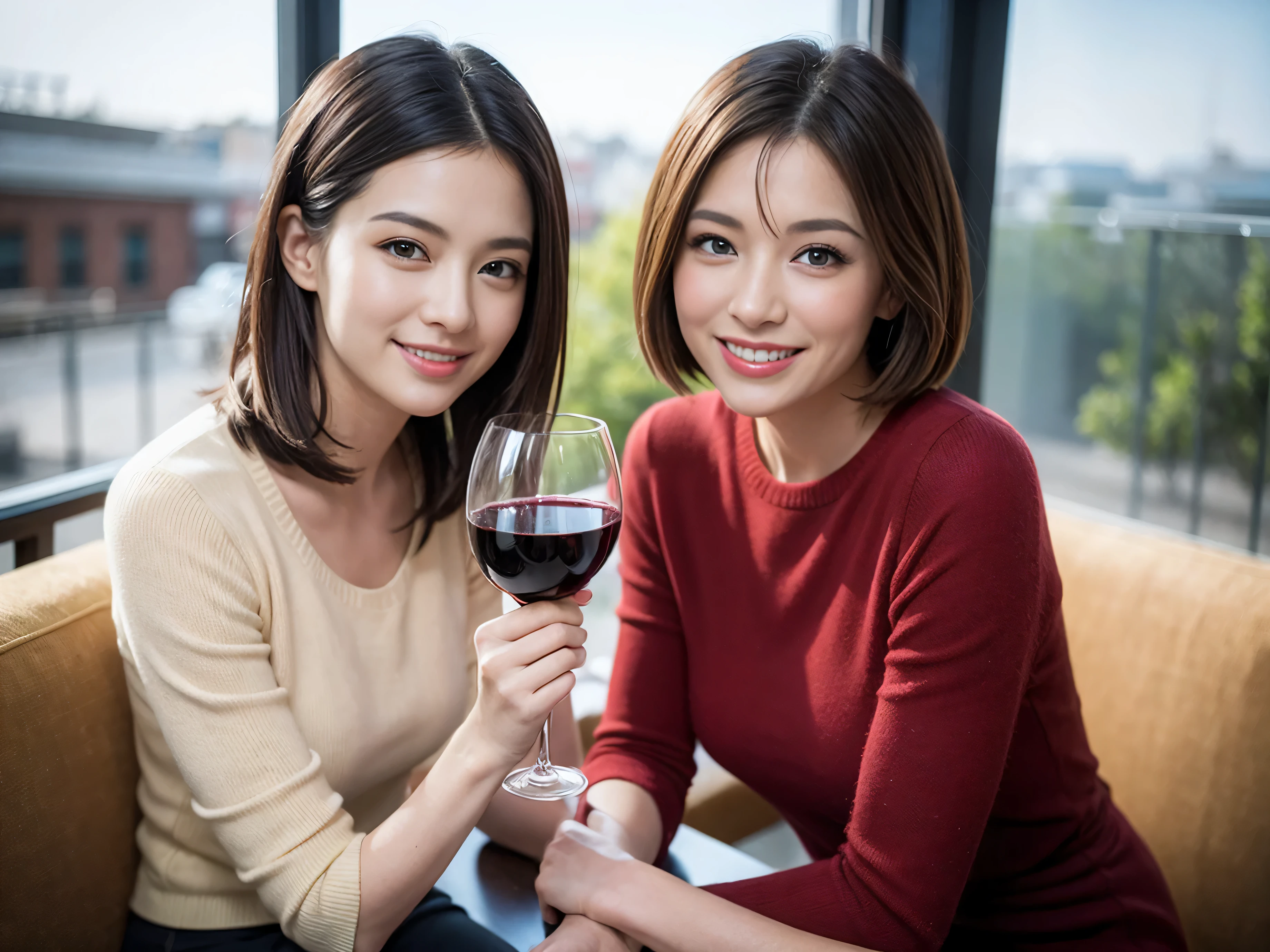 (64k uhd、nffsw、top-quality、​masterpiece:1.2)、(realisitic、Photorealsitic:1.37)、ultra-detailliert、wine glasses、enjoying a glass of wine、a matural female、Two beautiful women、(Slimedな顔)、(Slimedなボティ)、（brawn hair）、(short-cut)、smiling french woman、happy italian girl、British woman、Americana、blush a little on the cheeks、(38 years)、42 year old、red wine、窓の外には美しく緻密なnatta景が広がります..、resturant、wine glassesは目立つ場所に、natta、(from waist up)、sitting on、date、(A smile:1.15)、Beautiful detailed eyes、Cashmere sweater、long-sleeved dresses、japanes、(short-hair:1.2)、Float NovaFrogStyle、、modeled、from waist up、white wine、Slimed、wine glasses、超きれいなnatta景、wine glassesは真ん中に置いて、Happy smile、(8K、Raw photography、top-quality、​masterpiece:1.2)、(realisitic、Photorealsitic:1.37)、ultra-detailliert、超A high resolution、2 females、see the beholder、beautifull detailed face、A smile、Constriction、(細いSlimedなウェスト) :1.3)、knit shirt、Beautiful detailed skin、Skin Texture、floated hair、professional light needle breast、eyes gentle