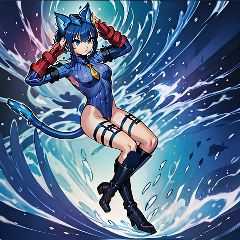 ultra-detailed, Explicit, Beautiful body, Beautiful Nose, Beautiful character design, perfect eyes, perfect face, ultra highres, 4K, beautiful legs, perfect legs, Nice hands, Perfect hand, Masterpiece, Best Quality, Highly detailed, illustration, absurdres, street fighter, doll suit, shadaloo doll, dollsuit, expressionless, blank eyes, looking at viewer, red gloves, emotionless, black latex, corrution, mind control, female combatant, full body, hypnotized, unhappy trance, full body suit, ribbed bodysuit, both arms at side, obey, perfect female body, extremely glossy latex, hypnosis, hypnoLora, empty eyes, Mind control device, poses, submissive_pose, Slave, hat, necktie, stand up straight, standing, standing at attention, hat, necktie, belt, latex, ribbed bodysuit, thighhighs, garter belt, Fighting Stance, extending the right arm from the shoulder into the air with a straightened hand, nazi saluting, military, military saluting, salute, thigh boots, Yu-Gi-Oh!, 1girl, solo, animal ears, blue hair, blue eyes, cat ears, tail, cat tail, Ni-Ni the Mirror Mikanko