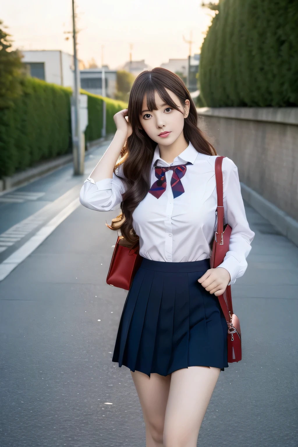 (raw、​masterpiece、top-quality、Hi-Res)、kawaii、Walking、be shy、Shyness、18year old、One Woman、attractive bodies、Colossal tits:1.4、Long wavy hair、High School School Uniform、thighs thighs thighs thighs、White socks、open-shirt、Tight shirt、Sheer shirt、Ribbon on the head、serafuku、Very short skirt、School bag、lowfers、pavement、A city scape、Fluttering skirt、Fluttering hair、panties on、embarrassed from、(perfect anatomia、Beautiful limbs、Healthy body,Beautiful skin)、early evening、sunset glow、Professional、