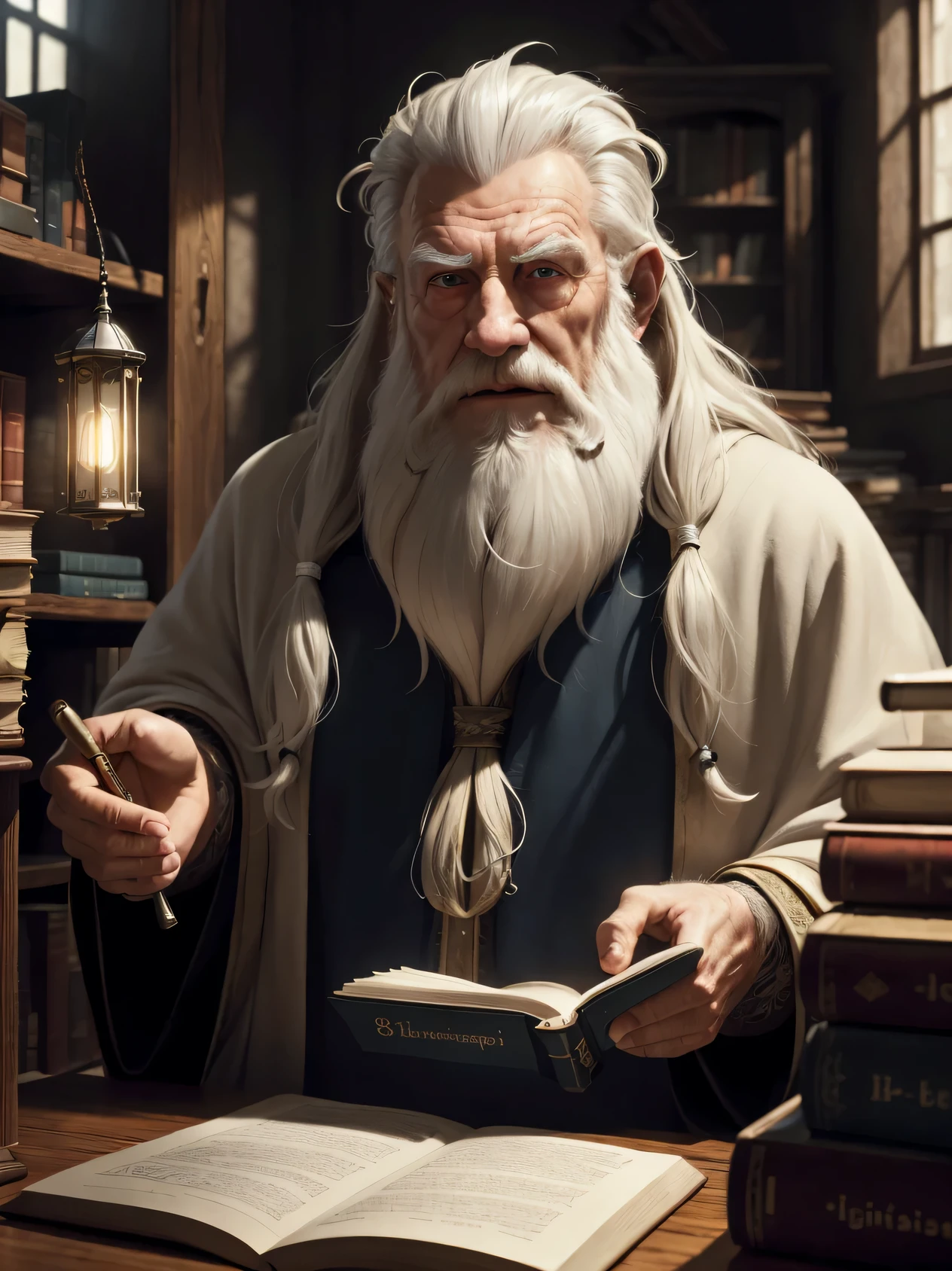 ((masterpiece)), ((best quality)), (ultra-detailed), ((cinematic light)), ((extremely detailed)), (8K), best quality, Old Wizard with long white hair and bearry face), wearing a wizard's robe, in a dimly room with windows, table with books, (upper body)