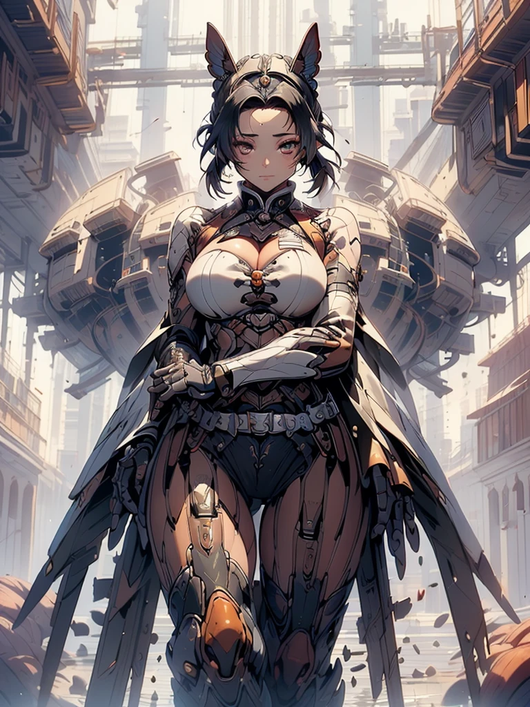 (masterpiece, best quality), 8K, high detail, (((Hu Dieren)))、((A dark-haired))、full bodyesbian、Bird's eye view、cyborgs、mechanised、full bodyesbianアーマー、Huge breasts、cleavage of the breast、toned waist、Big ass、Voluptuous thighs、On the roof of a building