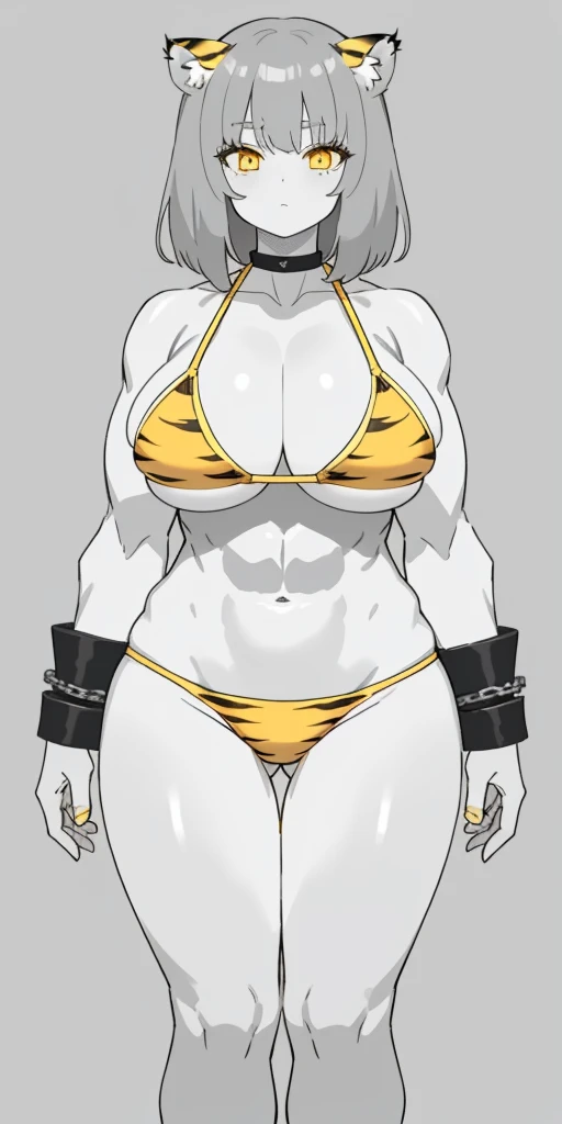 perfect hair, perfect body, looking at the viewer, standing, posing, mature female, very grey skin, muscular body, female oni, big breast, black chocker, slave chains, (((grey skin))), (detailed yellow bikini with tiger dots)