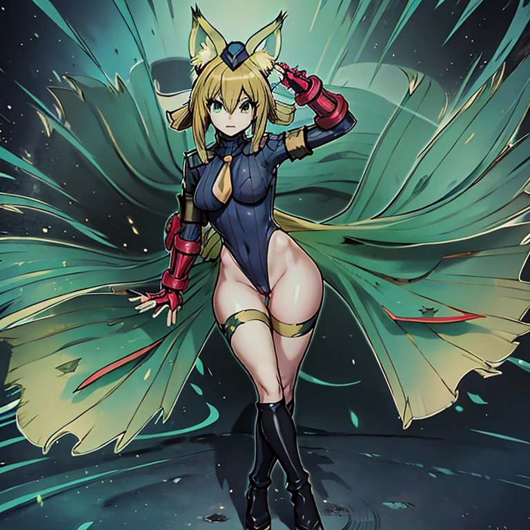 ultra-detailed, Explicit, Beautiful body, Beautiful Nose, Beautiful character design, perfect eyes, perfect face, ultra highres, 4K, beautiful legs, perfect legs, Nice hands, Perfect hand, Masterpiece, Best Quality, Highly detailed, illustration, absurdres, street fighter, doll suit, shadaloo doll, dollsuit, expressionless, blank eyes, looking at viewer, red gloves, emotionless, black latex, corrution, mind control, female combatant, full body, hypnotized, unhappy trance, full body suit, ribbed bodysuit, both arms at side, obey, perfect female body, extremely glossy latex, hypnosis, hypnoLora, empty eyes, Mind control device, poses, submissive_pose, Slave, hat, necktie, stand up straight, standing, standing at attention, hat, necktie, belt, latex, ribbed bodysuit, thighhighs, garter belt, Fighting Stance, extending the right arm from the shoulder into the air with a straightened hand, nazi saluting, military, military saluting, salute, thigh boots, Yu-Gi-Oh!, 1girl, solo, green eyes, fox ears, blonde hair, tail, Hu-Li the Jewel Mikanko