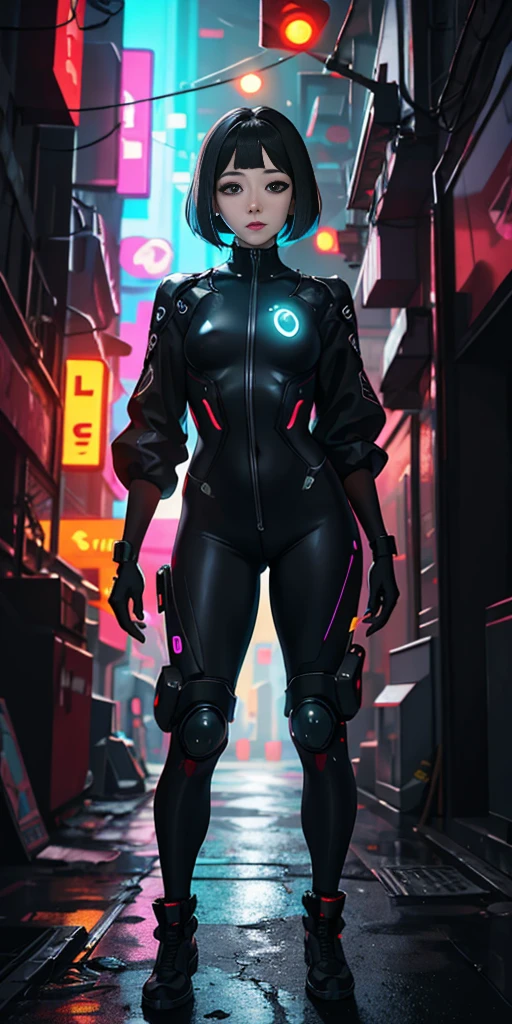 Leonardo da Vinci style (full body) SFW, (8k, RAW photo, best quality, masterpiece:1.2), (realistic, photo-realistic:1.37),(Kpop idol), (aegyo sal:1),cute,professional lighting, photon mapping, radiosity, physically-based rendering, , lucy \(cyberpunk\),bob cut,mechanical parts,grey eyes, black tight suit,cyberpunk city, black pants,night,neon lights,smoke, looking at viewer,