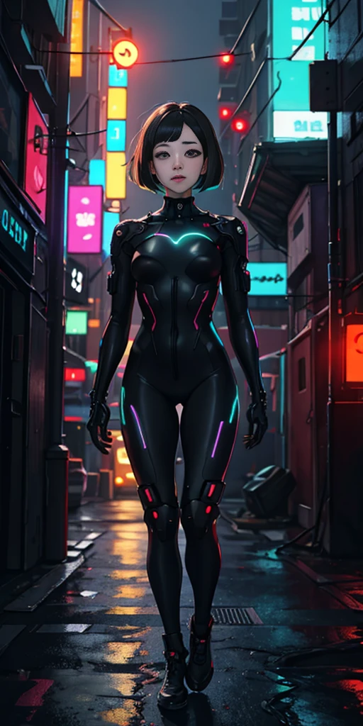 Leonardo da Vinci style (full body) SFW, (8k, RAW photo, best quality, masterpiece:1.2), (realistic, photo-realistic:1.37),(Kpop idol), (aegyo sal:1),cute,professional lighting, photon mapping, radiosity, physically-based rendering, , lucy \(cyberpunk\),bob cut,mechanical parts,grey eyes, black tight suit,cyberpunk city, black pants,night,neon lights,smoke, looking at viewer,