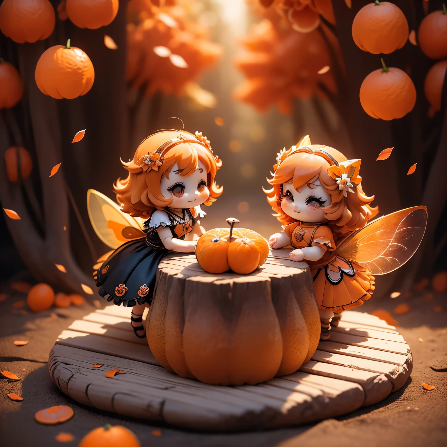 masterpiece、top-quality、ultra-detailliert、(Chibi Chara Fairy:1.3),Long orange wavy hair sways in the wind,Black eyes,Valencia orange long dress with gorgeous ruffles and peplum,(sit on valencia orange fruit:1.3),Open your mouth and smile。fairy tale summer forest,