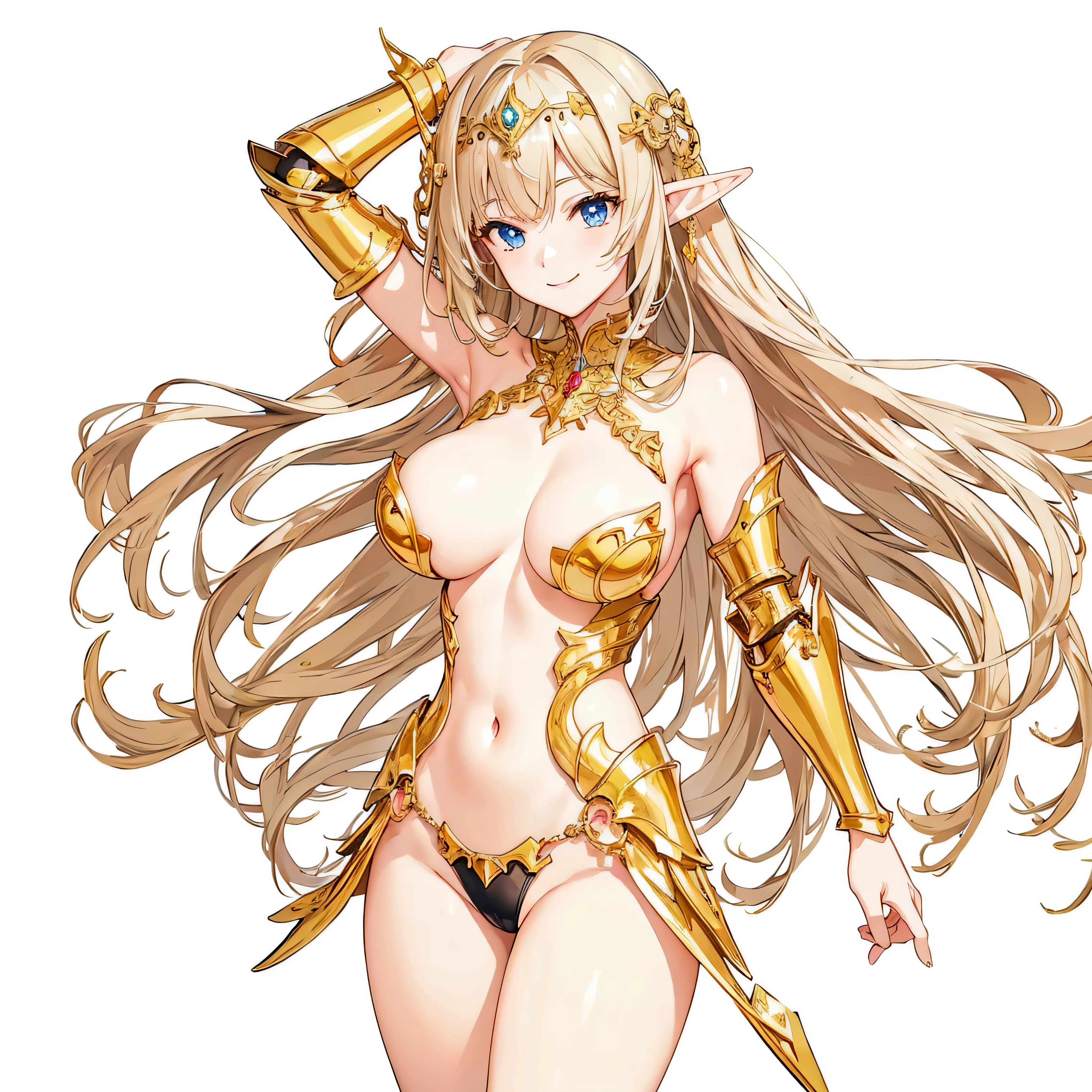 masterpiece、top-quality、ighly detailed、hight resolution、16k、fullnude、teats、Teetoob proportions、golden armour、Very thin skirt、Black pants、Very white skin、Beautiful fingers、Anime girl with very big breasts posing naked、Perfect Style、elvish、no-bra、Blonde blue-eyed、A smile、elvishの女の子、slim the contours