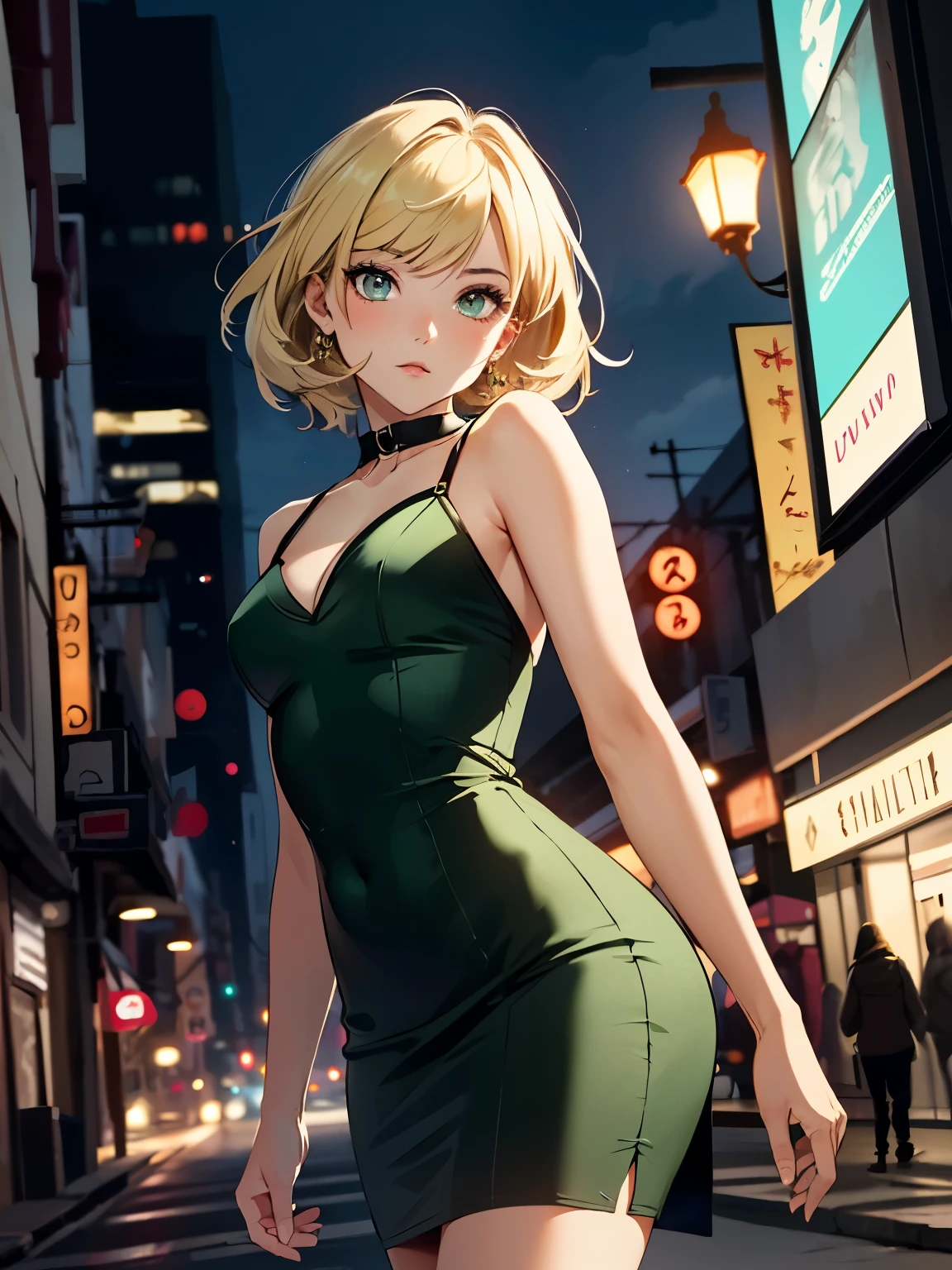 girl, beautiful face, green and yellow mix hair, slim, ?????? dress, night city, half body portrait photography, professional photography, background blur, (((best quality))), (((masterpiece)))