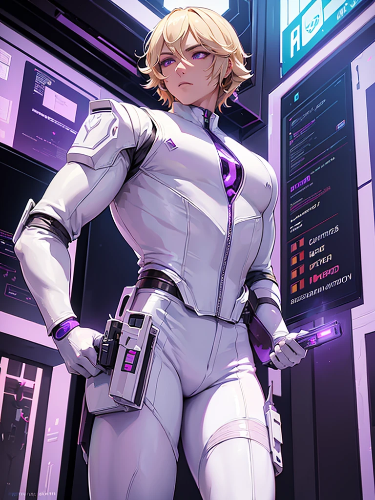 ((Best Quality)), ((Masterpiece)), (Detail: 1.4), Intricate details, Cinematic lighting, Sharp focus, Detailed face, Cyberpunk man with blonde hair, Cybernetic purple eyes, Glowing eyes, (White business outfit:1.5), Tall man, (holster:1.4), Futuristic control room,