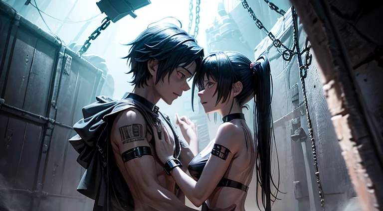 a naked handcuffed mato kuroi from black rock shooter hugging an emo guys, space, space ship, futuristic, bdsm, bodnage, sex,rape , forced, sexual intercourse, handcuffed, restrained,