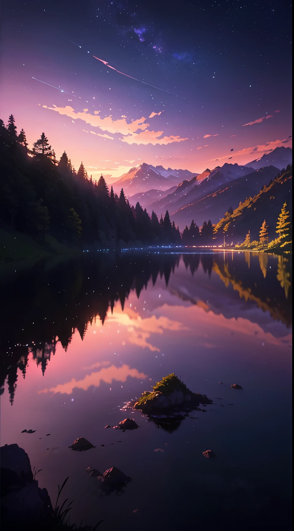 The picture is bright and well lit. no humans. (((Makoto Shinkai style)),pixiv,anime drawing,high quality,pink purple sky,beautiful scene),(universe,train passing,magical realism,((makoto shinkai style)) ::0.8), [Artistic Atmosphere, Atmosphere:0.8, Starry Sky, Hills, Snow Mountain, Sparkling Water, Grass, Trees, Smoke, Stars, Low Angle of View, Specular Scattering,