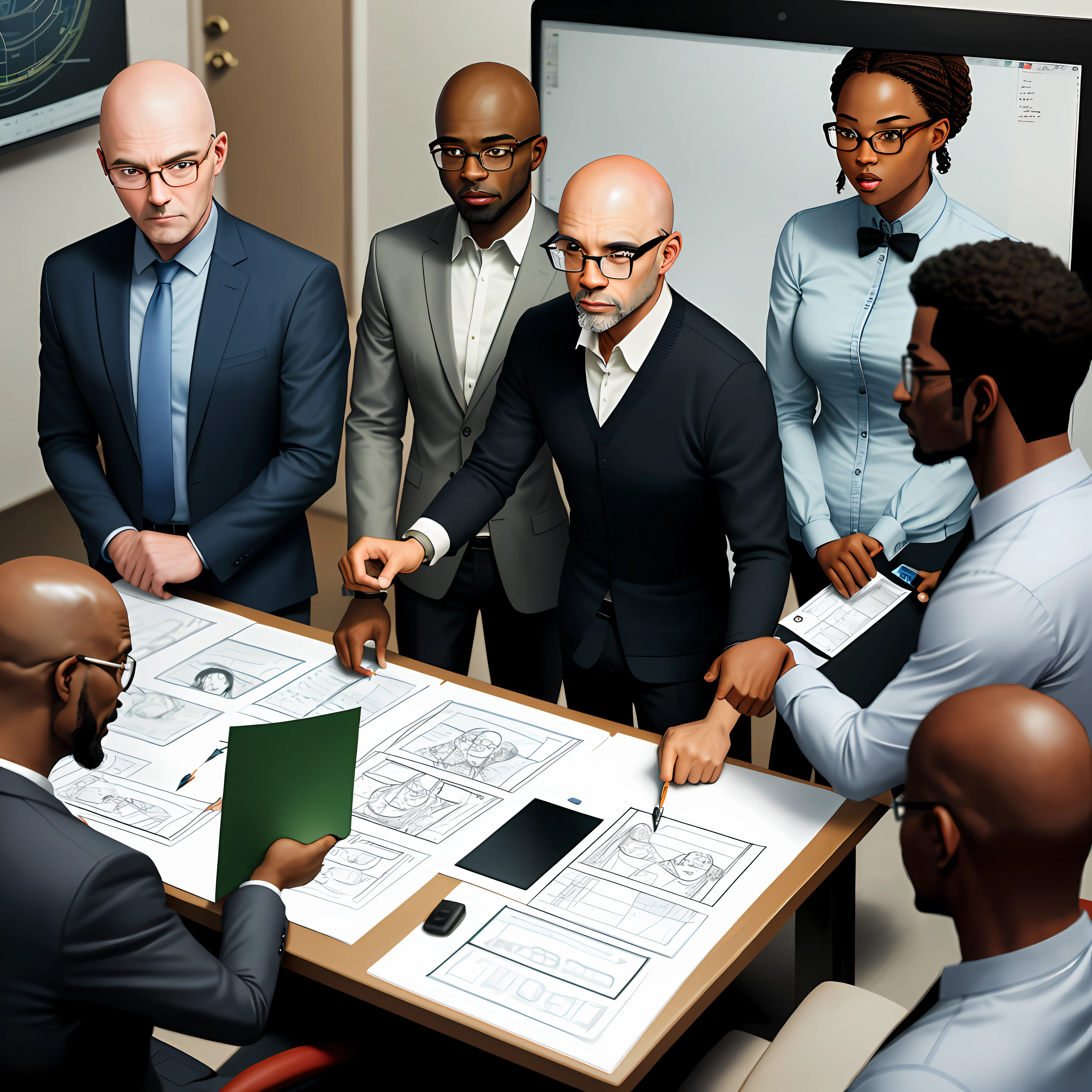 Several people gathered in a room around a table, a bald black man of average age of 43 years dressed socially and wearing glasses conducting the meeting, papers demonstrating drawings and graphics, realistic drawing, tvs on the walls demonstrating graphics, demonstrate stock environment, 8k drawings, xt3