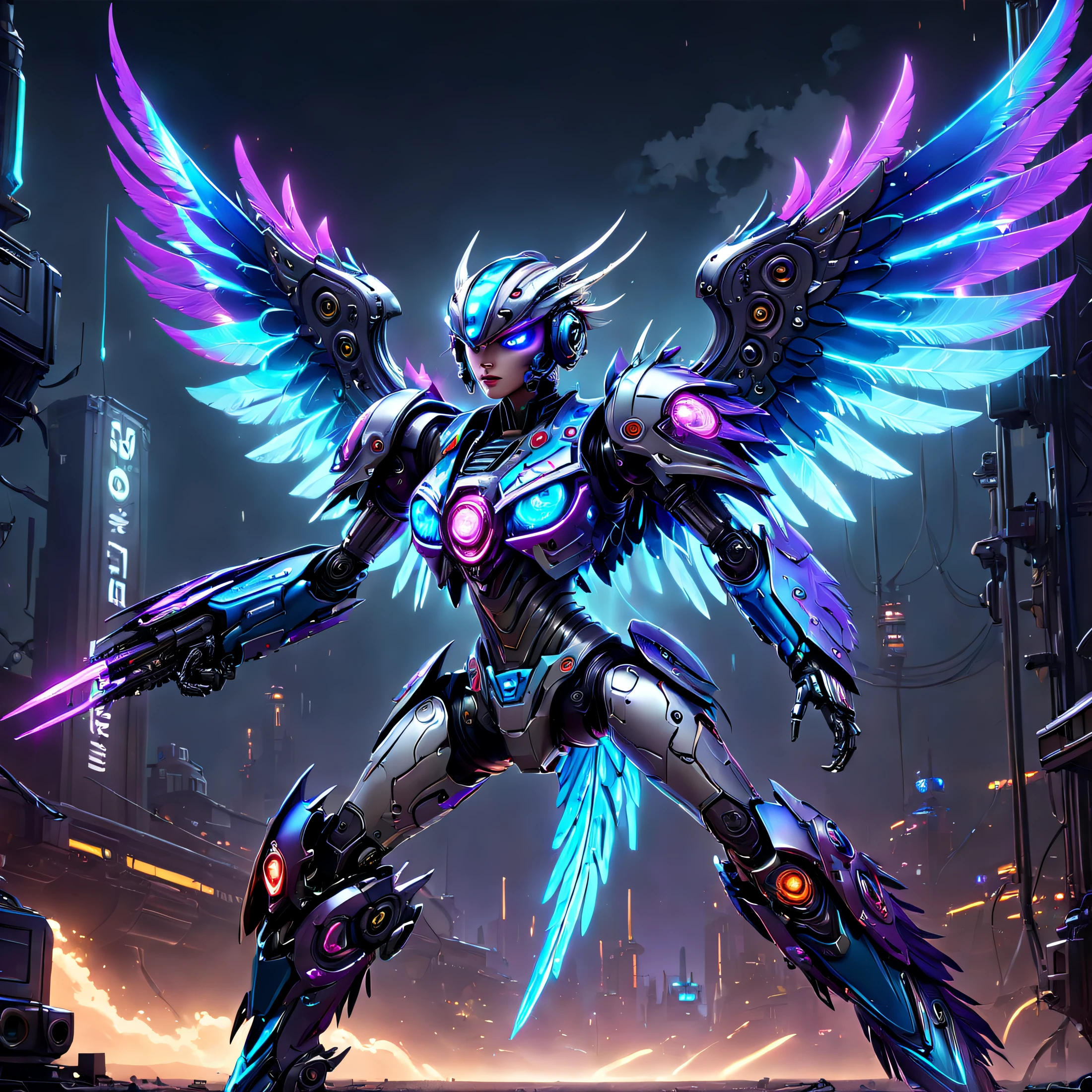 (Best quality, 8K, A high resolution, tmasterpiece:1.2), （ultra - detailed), (Cybertronian future mechanical vulture), Full body lesbian, dreamy glow，luminous neon lights，High-tech mechanical parts,Metal claws and wings,Metal heads and pecks,Metal feathers,pretty cool,Metal legs,Bionic eye,Detailed feather design,Pointed mouth,suspended in mid-air,Electric blue and bright purple,Vivid glowing eyes,Reflective metal surface,Interlocking mechanical gears,Dynamic and stylish design,motion blur effect,Meticulous craftsmanship,sci-fi vibes,Streamlined aerodynamic shape,Laser scanning pattern,holographic projections,Light-emitting circuit lines,Unforgettable beauty,otherworldly precision,Advanced sensors,complex algorithm,Ominous and mysterious atmosphere,electric sparks,Shiny chrome plating,Future power ，独奏，The medium scene is，concept-art, fantasy themed,Volumetriclighting, globalillumination, reflector, hyper HD，The light is bright，RGB color，vivd colour, mecha-girl，McConlogue Equipment