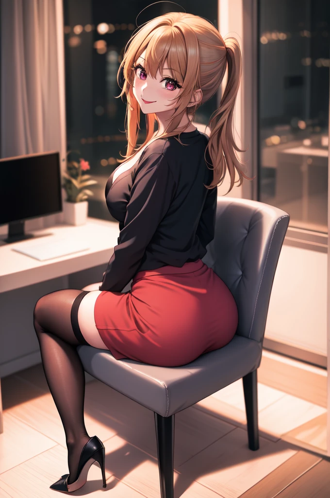 anime, beautiful face, highly detailed face, 2 accurate legs detailed eyes, highly detailed background, perfect lighting, accurate arms, accurate hands, accurate fingers, full body, 1girl, solo, ruby hoshino, oshi no ko, indoors, detailed heels, black detailed thighhighs, indoors, in the office, absurdres, high res, ultrasharp, 8K, masterpiece, looking at viewer, (full body:1.4), smiling with compassion, teasing smile, tounge out, tight skirt, office uniform, unbuttoned shirt, detailed shirt, cleavage, sitting on a chair at a desk, view from behind, ass view, looking over her shoulders,