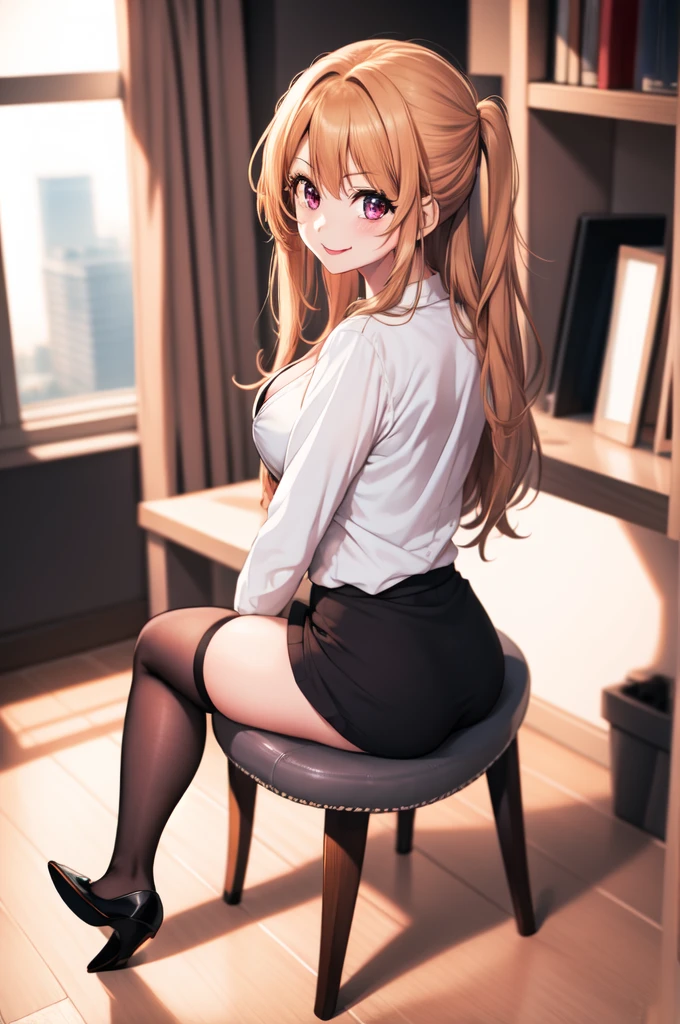 anime, beautiful face, highly detailed face, 2 accurate legs, pink detailed eyes, highly detailed background, perfect lighting, accurate arms, accurate hands, accurate fingers, full body, 1girl, solo, blonde hair, ruby hoshino, oshi no ko, indoors, detailed heels, black detailed thighhighs, ooutdoors, absurdres, high res, ultrasharp, 8K, masterpiece, looking at viewer, (full body:1.4), black heels, detailed thighhighs, black tight skirt, police badge, detailed bra, cleavage, police equipment on police belt, wearing police hat, no panties, riding a dildo, cowgirl position on a dildo, nsfw, 1 eye closed