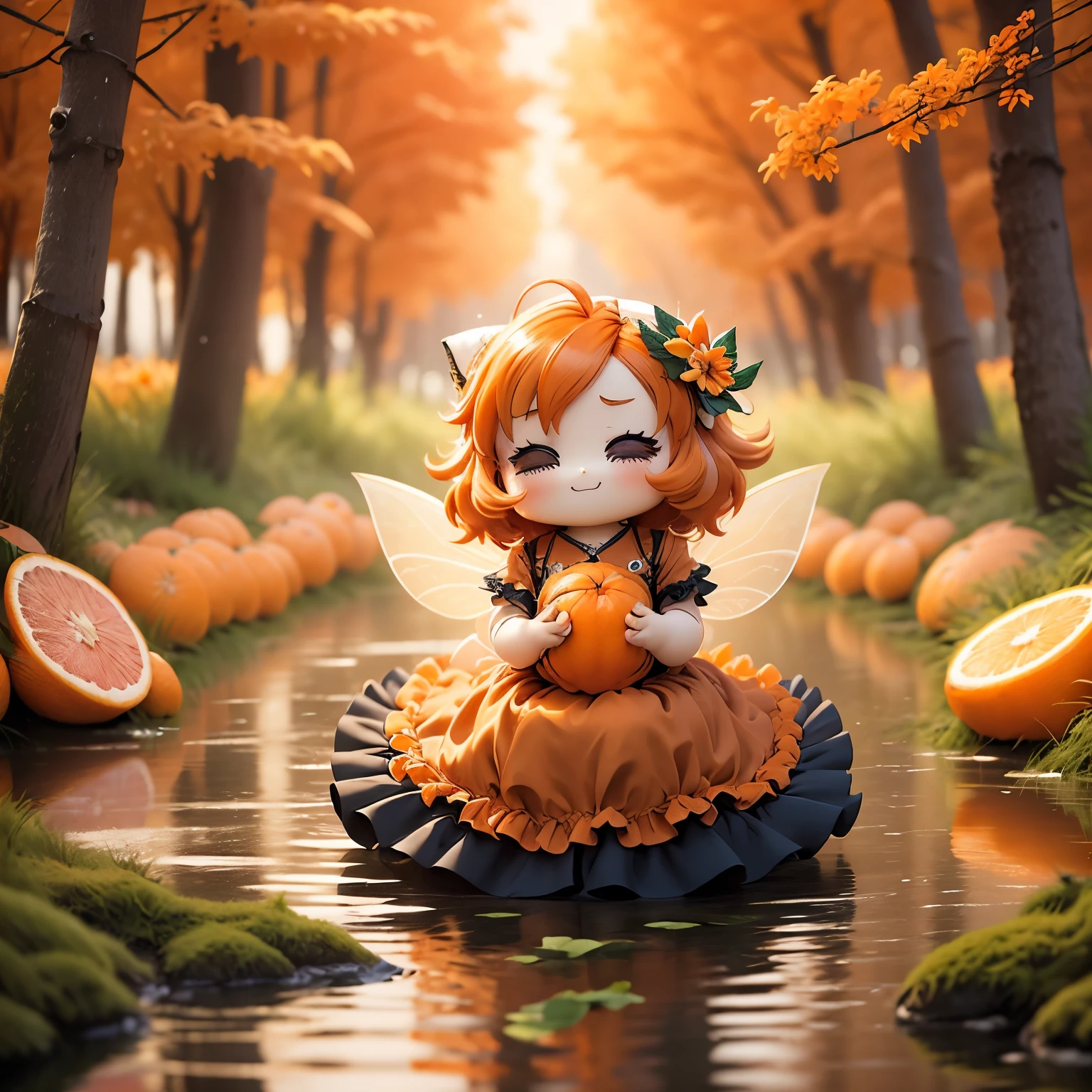 ​masterpiece、top-quality、ultra-detailliert、(Chibi Chara Fairy:1.3),Long orange wavy hair sways in the wind,Black eyes,Valencia orange long dress with gorgeous ruffles and peplum,(sit on valencia orange fruit:1.3),Open your mouth and smile。fairy tale summer forest,