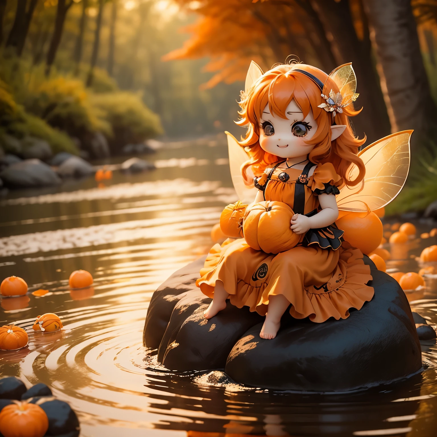​masterpiece、top-quality、ultra-detailliert、(Chibi Chara Fairy:1.3),Long orange wavy hair sways in the wind,Black eyes,Valencia orange long dress with gorgeous ruffles and peplum,(sit on valencia orange fruit:1.3),Open your mouth and smile。fairy tale summer forest,