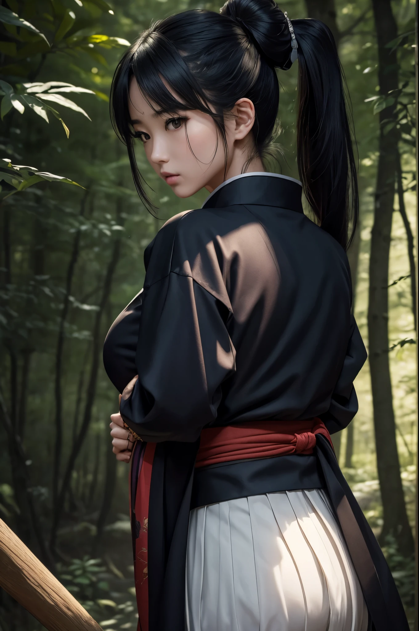 8K,(​masterpiece、top-quality:1.3)、日本の着物を着た護符を持った女子高生のcombat scene,超A high resolution,18year old,美しい女の子のaction scene、Super beauty(Like the real thing),Black hair ponytail、(1girl in)、((s lips))、(nase)、((Long face))、Regant、Stylish、sharp gaze,Rugged look,Look at viewers、soft makeup、Textured、Dynamic Posture、wide Shots、 Dramatic Lighting:1.1、(gradientace perfect)、outline oconitide、coldness,light particules、(depth of fields)、(intricate-detail:1.2)、in woods(highly detailed back ground)、,The charm of wearing kimono for adults,花魁(Flashy kimono)facing front,A sexy,glares,gloomy atmosphere,Normal breasts,in woods,combat scene,action scene,actionpose,have a talisman in hand,battle movie,
