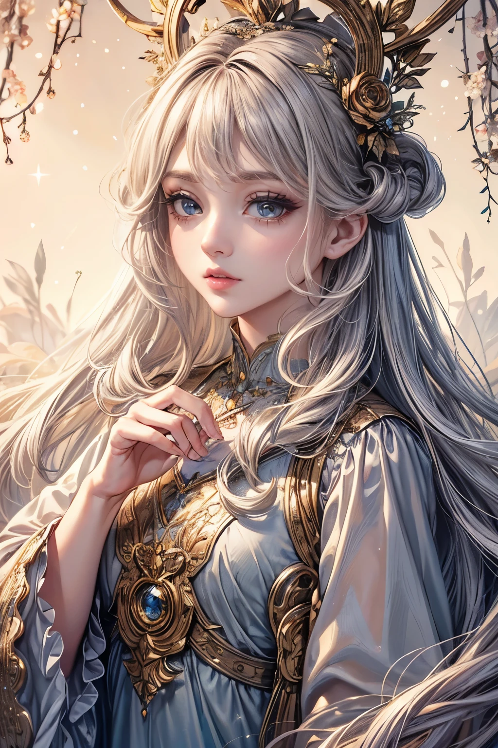 (best quality,8K,CG),detailed upper body,solitary girl,floral forest background,complex facial features,elegant long curly hair,almond-shaped big eyes,detailed eye makeup,long eyelashes,twinkling stars,exquisite lip details,soft and harmonious style.