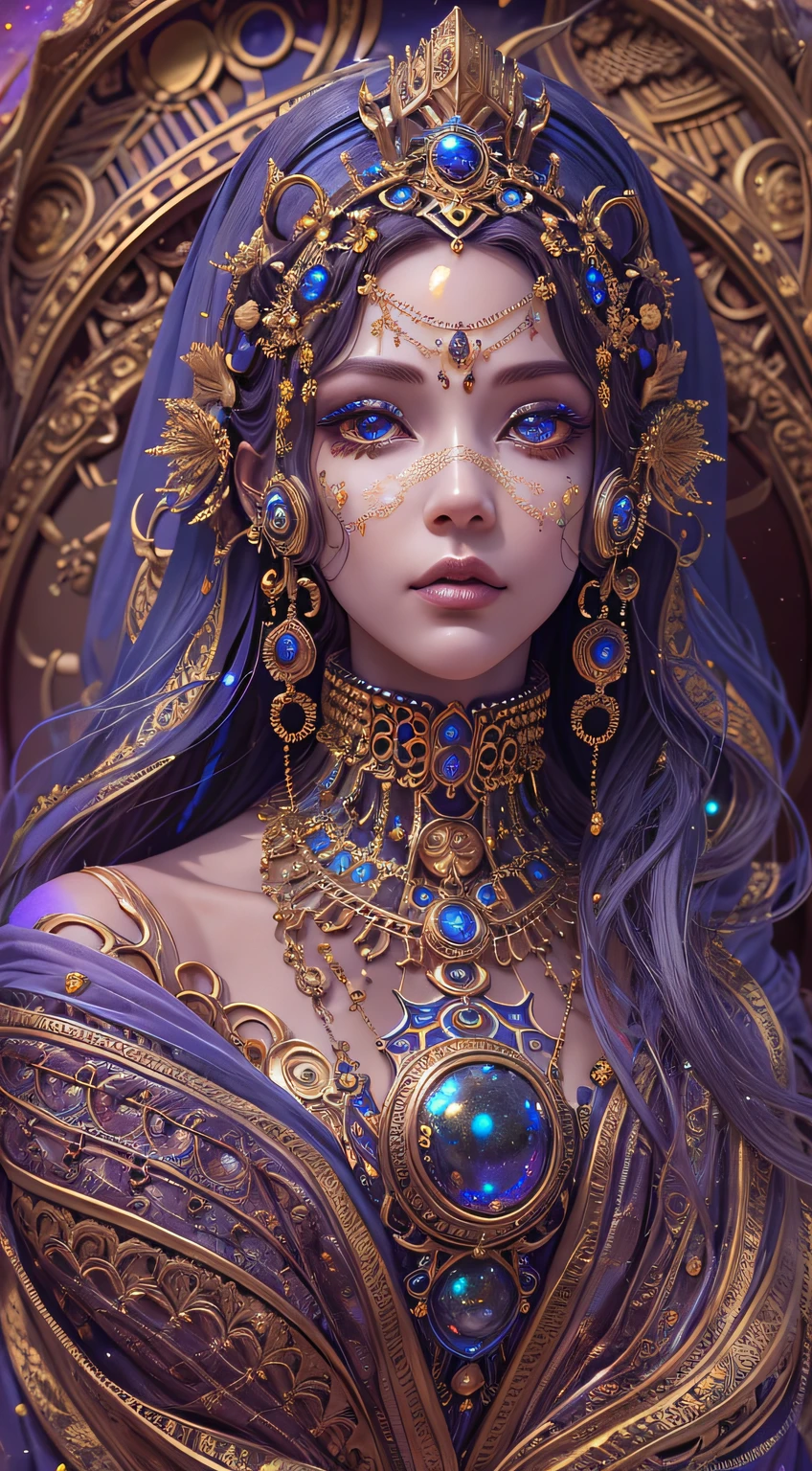 Moroccan queen, Marrakech magic,(best qualtiy,ultra - detailed,Most Best Illustration,Best shadow,tmasterpiece,A high resolution,professionalartwork,famousartwork),Detailed eyeeautidful eyes,closeup cleavage,sci-fy,colored sclera,Robot eyeace markings,Tattooed with,(fractalized,Fractal eyes),largeeyes,Wide eyes,(Eye focus),sface focus,Cosmic eyes,Space eyes,Close-up of metal sculpture of a woman with a moon in her hair,goddetremly high detail,3 d goddess portrait,Extremely detailed footage of the goddess,a stunning portrait of a goddess,Side image of the goddess,portrait of a beautiful goddesull body close-up portrait of the goddess,hecate goddess,portrait of a norse moon goddess,goddess of space and time