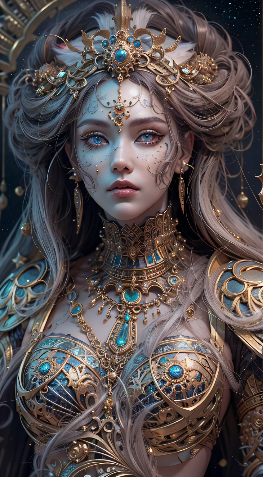 Moroccan queen, Marrakech magic,（best qualtiy，ultra - detailed，Most Best Illustration，Best shadow，tmasterpiece，A high resolution，professionalartwork，famousartwork），Detailed eyeeautidful eyes，closeup cleavage，sci-fy，colored sclera，Robot eyeace markings，Tattooed with，（fractalized，Fractal eyes），largeeyes，Wide eyes，（Eye focus），sface focus，Cosmic eyes，Space eyes，Close-up of metal sculpture of a woman with a moon in her hair，goddetremly high detail，3 d goddess portrait，Extremely detailed footage of the goddess，a stunning portrait of a goddess，Side image of the goddess，portrait of a beautiful goddesull body close-up portrait of the goddess，hecate goddess，portrait of a norse moon goddess，goddess of space and time