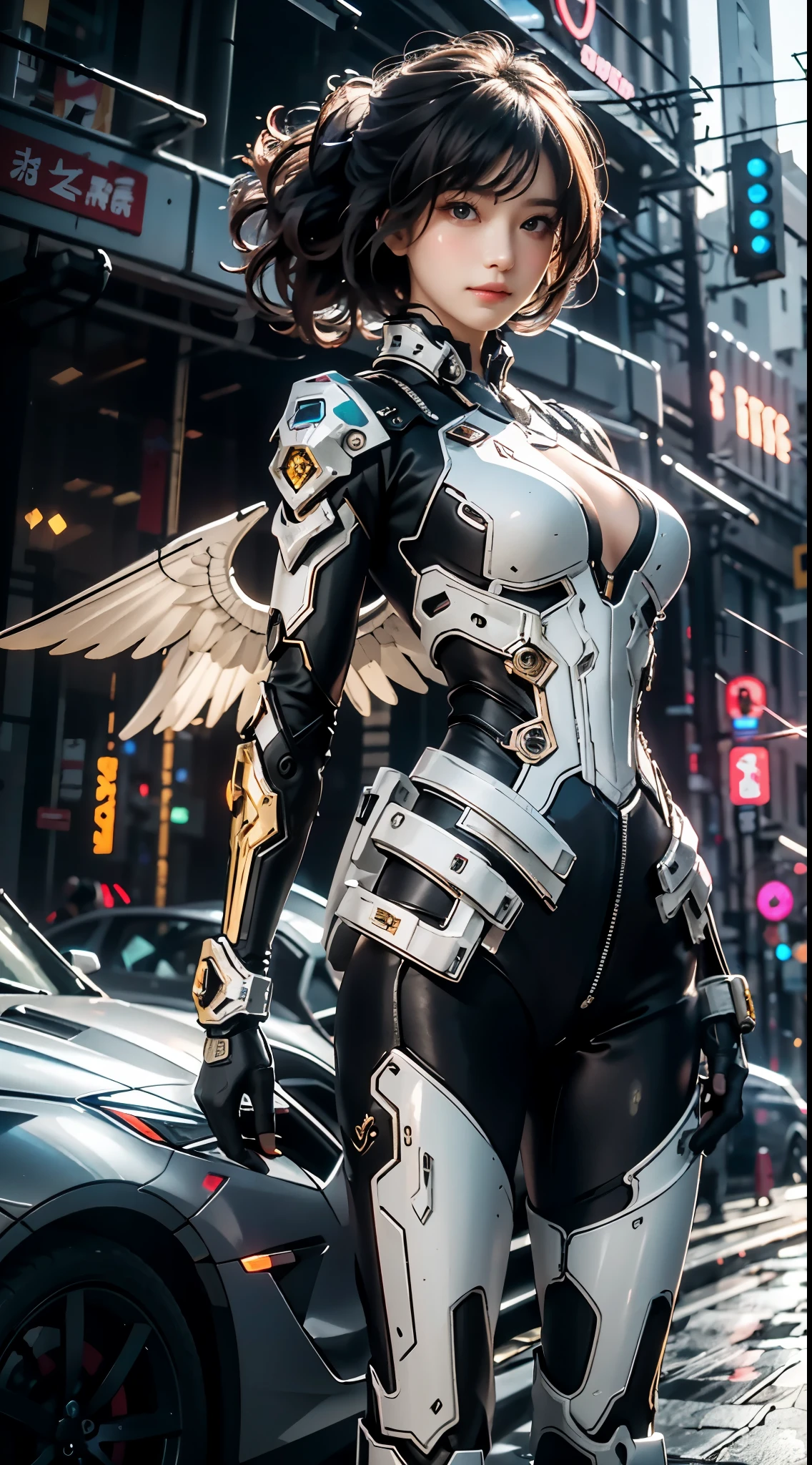 16k,tmasterpiece,(best qualtiy),highly detailed,ultra - detailed,1girll,,window,(机械wings),(Cyberpunk-city:1.5),(Fantasy landscape:1.2,natural soft light:1.5,A confident expression),(in a panoramic view:1.2),Hand posture,mechs,ssmile,angleelicales,wings,golden colored,primitive