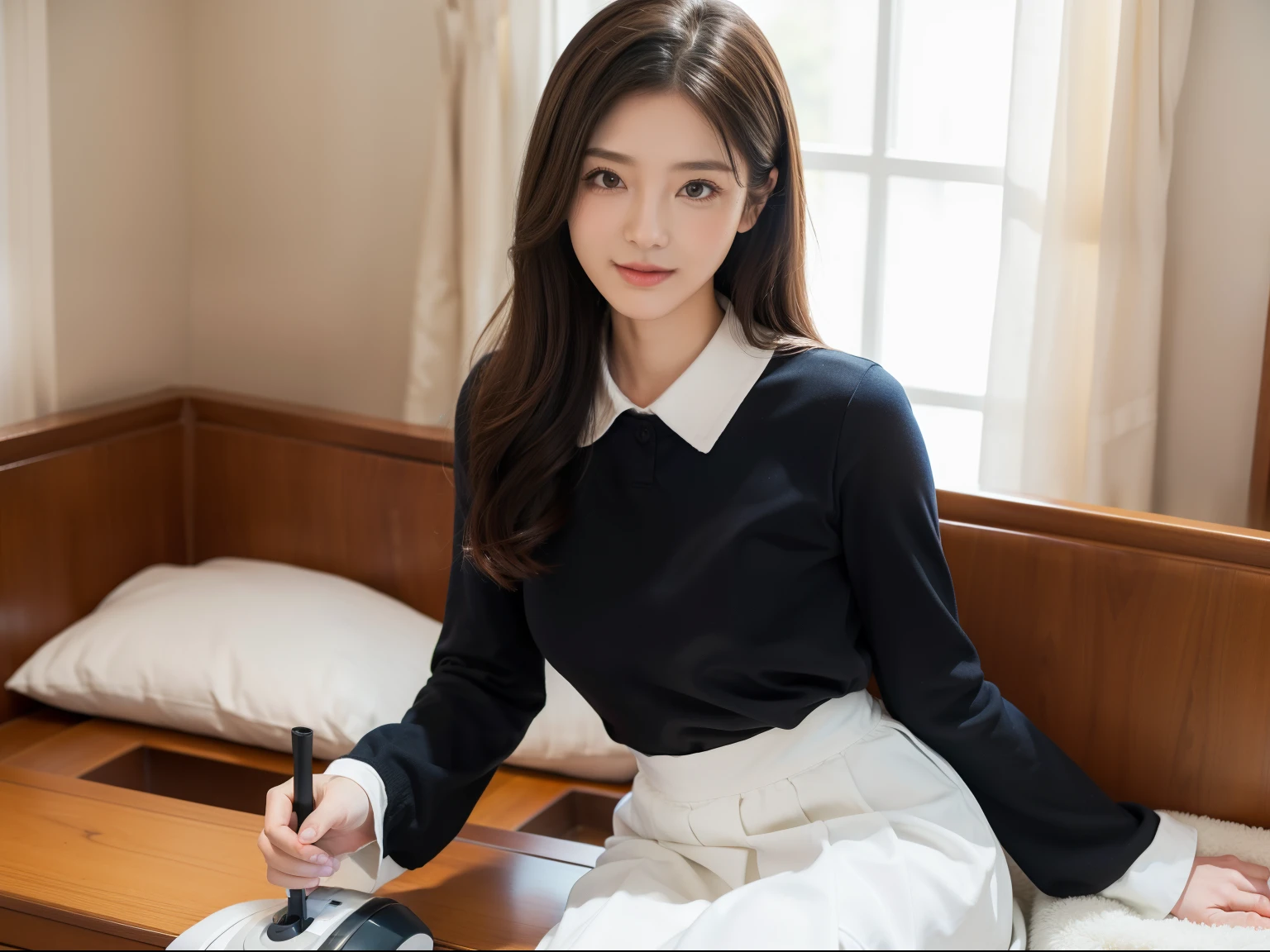 top-quality、​masterpiece、extremely delicate and beautiful、ighly detailed、CG、Unity、2k wallpaper、detaile、​masterpiece、top-quality、huge filesize、ultra-detailliert、hight resolution、ighly detailed、1girl in、Slim body、マスター​masterpiece，Best Quality，The maid cleans，The expression is arrogant，kawaii、ren、30-years old、thin、maid clothes、両手でvacuum cleanerを持ってる、vacuum cleaner、stading、(long sleeved shirt:1.1)、(uniformss:1.1)、(white skirt:1.1)、(A dark-haired)、(hair adornments)、see the beholder、 ighly detailedな顔, ighly detailedな目, seducting smile, Semi-long hair、Wipe with a mop，house clothes，pinafore，in the livingroom，a desk，sofas(RAW Photography、top-quality)、(realisitic)、person cleaning