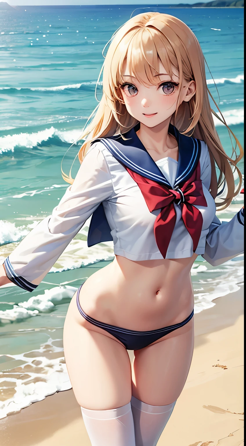 Tight skin, perfect body proportions, perfect facial features, clear eyes, cute, pure, lively and cute girl wearing sailor uniform walking on the beach on the shore with white stockings