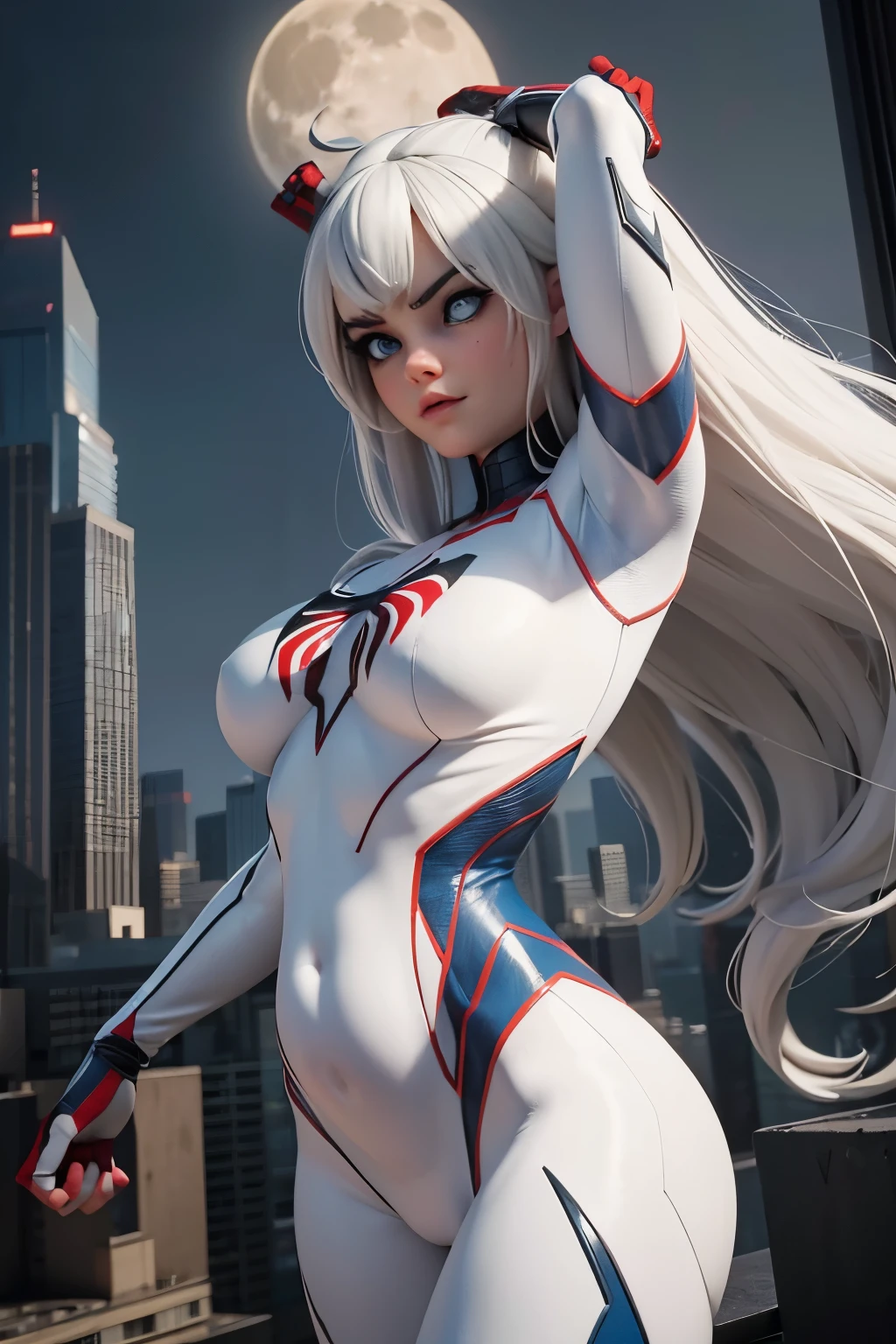 (Masterpiece, 4k resolution, ultra-realistic, very detailed), (White superhero theme, charismatic, there's a girl on top of town, wearing Spider-Man costume, she's a superhero), [ ((25 years), (long white hair:1.2), full body, (blue eyes:1.2), ((Spider-Man pose),show of strength, jumping from one building to another), ((sandy urban environment):0.8)| (cityscape, at night, dynamic lights), (full moon))] # Explanation: The Prompt mainly describes a 4K painting of ultra-high definition, very realistic, very detailed. It shows a superheroine at the top of the city, wearing a Spider-Man costume. The theme in the painting is a white superhero theme, the female protagonist has long white hair, is 25 years old and her entire body is shown in the painting. In terms of portraying the actions of superheroines, spiders are employed, pregnant