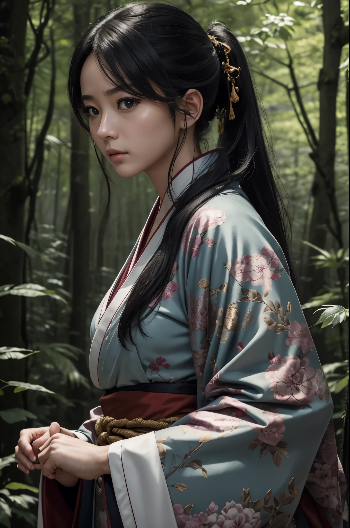 8K,(​masterpiece、top-quality:1.3)、超A high resolution,18year old,美しい女の子のaction scene、Super beauty(Like the real thing),length hair、Curvaceous、(1girl in)、((s lips))、(nase)、((Long face))、Regant、Stylish、A sexy、sharp gaze,Rugged look,Look at viewerlorals、soft makeup、Textured、like pattern ilm、Dynamic Posture、wide Shots、 Dramatic Lighting:1.1、(gradients)、naturey、(face perfect)、outline oconitide、coldness,light particules、(depth of fields)、(intricate-detail:1.2)、(highly detailed back ground)、East Asian Architecture,The charm of wearing kimono for adults,florals魁(Flashy kimono)facing front,A sexy,glares,gloomy atmosphere,Normal breasts,in woods,combat scene,action scene,actionpose,have a talisman in hand,