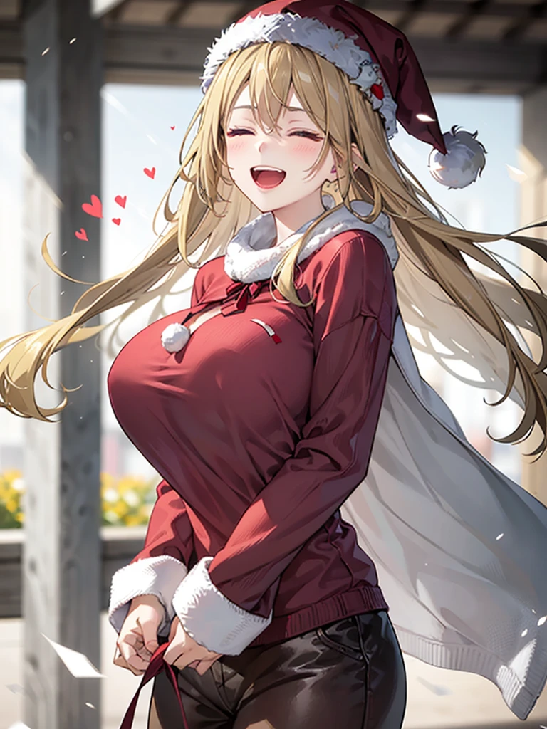 girl with、cosy sweater on、The upper part of the body、(Huge laughter:1.1)、(Opening Mouth:1.1)、(widely opened eyes:1.2)、Sun glare、bokeh dof、Depth of Field Background、Particles of light、heavy wind、(Heart particles:1.1)、Santa Claus Costume、a blond