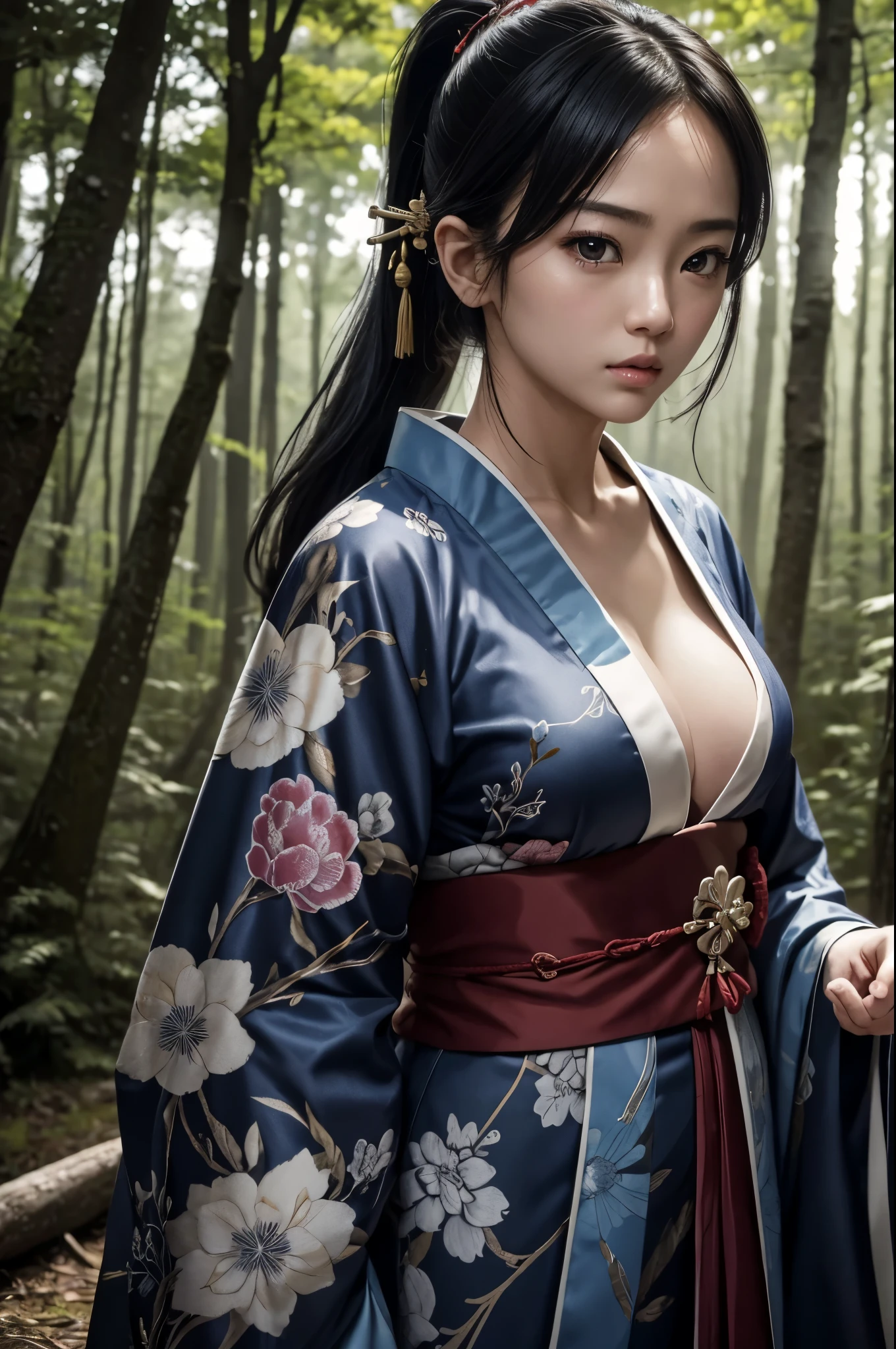 8K,ホラー的なin woods,(masterpiece、top-quality:1.3)、日本の着物を着た護符を持った女子高生のaction scene,超A high resolution,18year old,美しい女の子のaction scene、Super beauty(Like the real thing),Black hair ponytail、(1girl in)、((s lips))、(nase)、((Long face))、Regant、Stylish、sharp gaze,Rugged look,Look at viewers、soft makeup、Textured、Dynamic Posture、wide Shots、 Dramatic Lighting:1.1、(gradientace perfect)、coldness,light particules、(depth of fields)、(intricate-detail:1.2)、in woods(highly detailed back ground)、,The charm of wearing kimono for adults,花魁(Flashy kimono)facing front,A sexy,glares,gloomy atmosphere,Normal breasts,in woods,combat scene,action scene,actionpose,have a talisman in hand,battle movie,