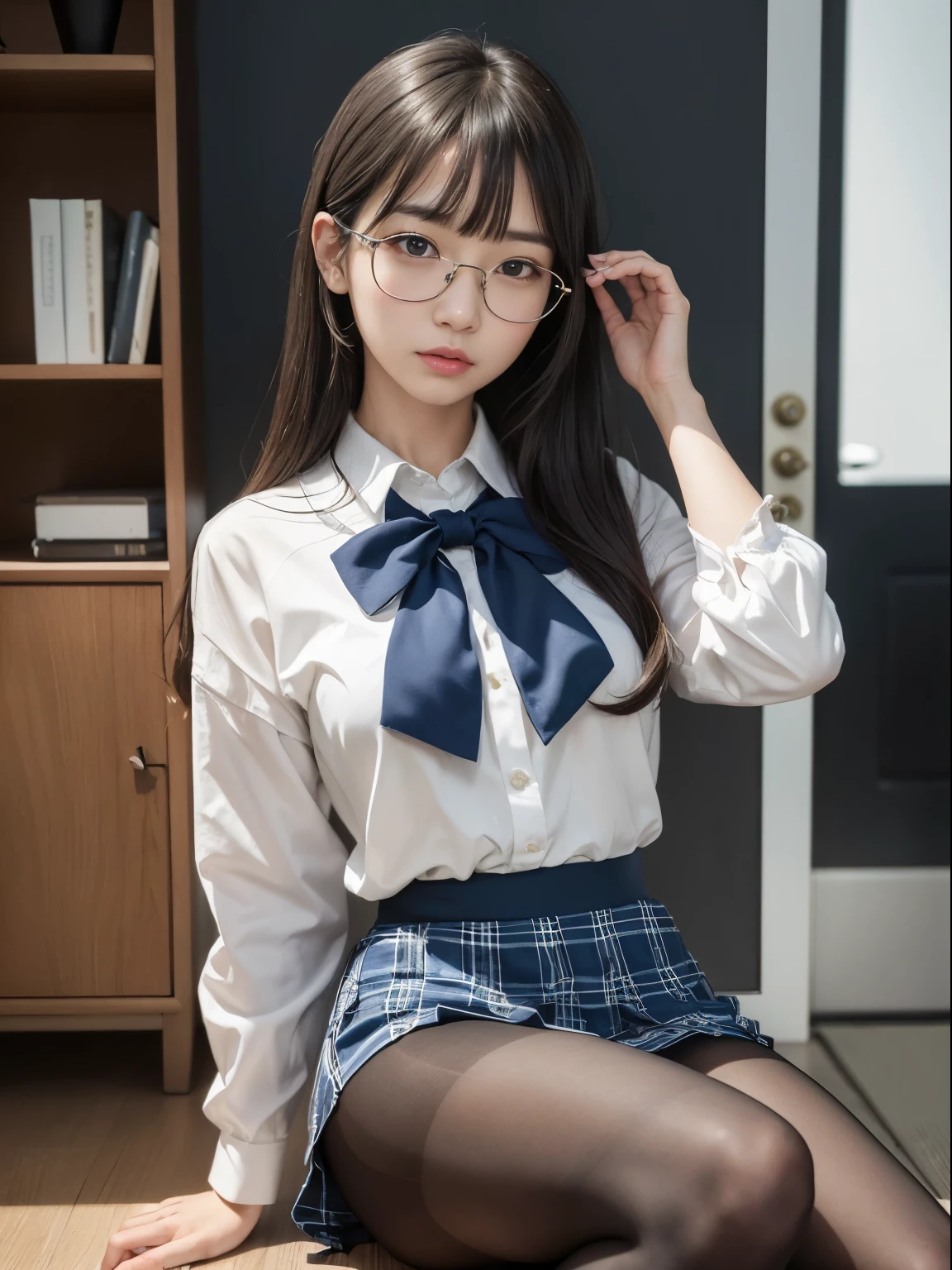 (I see underwear)、((細いThe eye))、((細いThe eye))、((細いThe eye))、(8K、生a picturegraphy、top-quality、masterpiece:1.2),、Has a small、(flat breast)、(flat breast)、(flat breast)、(flat breast)、(flat breast)、(being thin)、light skinned、skin whitening、Dark look、Rasping,glamor,light skinned肌,cocky,School,watching at viewers,Looking at the front,Muchimuchi,High-pitched clothing,Erotic,Pupils,de pele branca,kne,((Black pantyhose)),absurderes,a small face,,Forehead visible,Bangs hanging from the left and right sides of the forehead,(a cold expression,The eyeがきつめ,glares,Bullish,irate)、masterpiece,top-quality、超A high resolution,生a picture,ren,Beautiful fece,One Person, 独奏,eye glass,,Dark look,Small breasts,fullllbody,(まるeye glass),JK school uniform,hi-school girl,A Japanese Lady, (Photorealsitic:1.37)、Photon mapping,Realistic、Beautie,Cute little face,ブラウンThe eye、Black socks、(Red bow tie)、Radio City、Physically Based Rendering、depth of field rally background、a picture,Body,beauty legs, Long legs, Thin leg,(Bangs are visible), hair, s lips, Blue_The eye, nosesoft,(Light blue shirt), (Navy and blue and white plaid pleated skirt), kneが見える,Sheer clothing,, Thigh, Black cotton socks,Nogizaka Idol, , Japanese ido