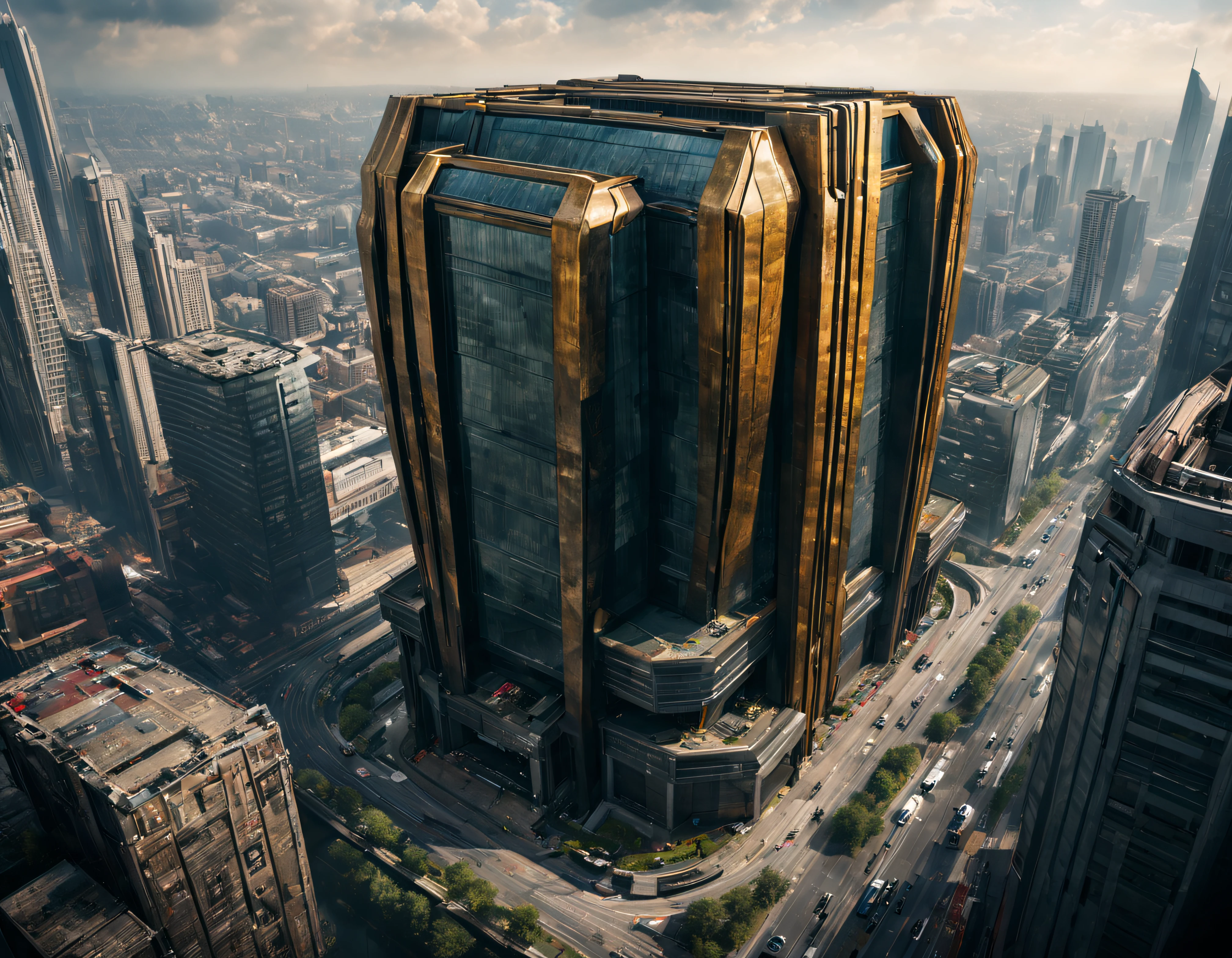 la ciudad de megacity de la pelicula dredd, with high-tech design , vista desde una terraza, edificios de metal y cristal, autopistas cruzandolos, de una inmensidad impresionante, con el empleo de oro , plata y bronce en su construccion, realmente impresionante a la vista, imagen bien definida con muchos edificios juntos. imagen nitida bien definida 8k. los edificios llegan alta el fondo.,8k. imagen cinematografica