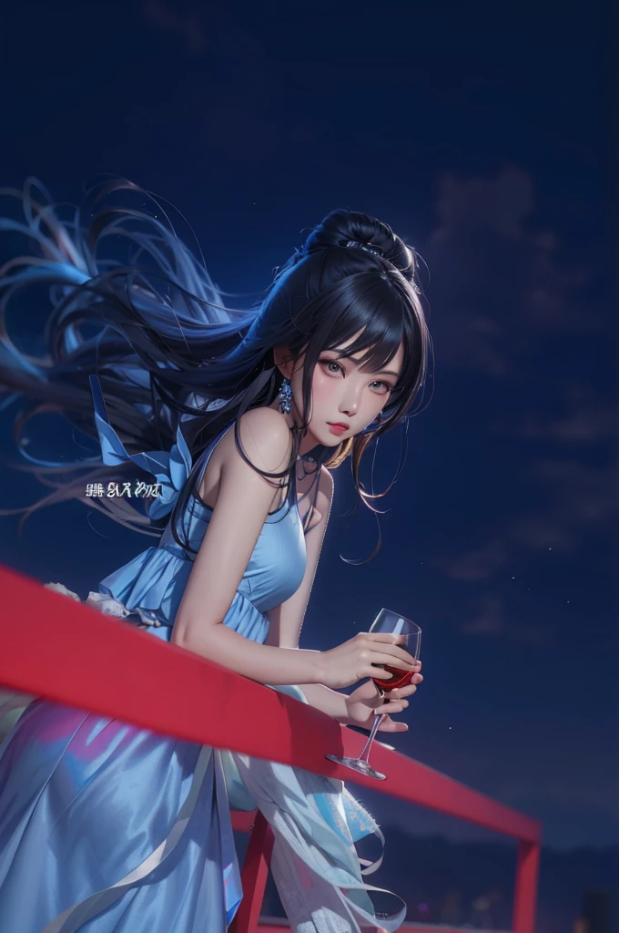 Asian girl in a blue dress holding a glass of wine, guweiz, beautiful  girl, black hair, fly away hair, pointed nose, beautiful lips, realistic ultra details, high quality face