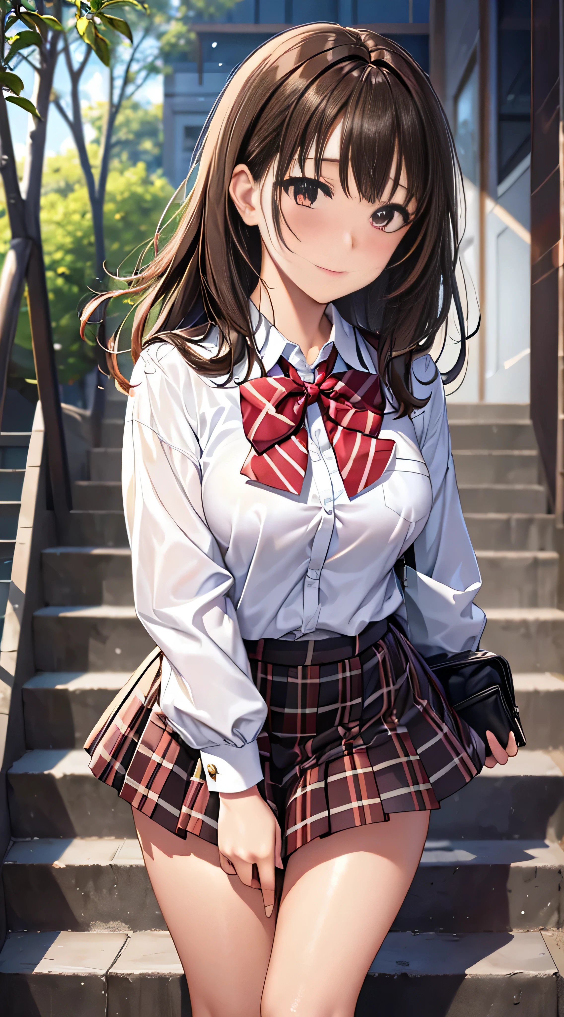 ((masutepiece, Best Quality, hight resolution, nffsw, Perfect Pixel, 4K, nffsw, nffsw))), 1girl in, Single, Solo, Beautie、full body seen、 ((Middle Wave Hair, Bangs, Brown hair)), ((Brown-eyed, Beautiful eyelashes, Realistic eyes)), ((Detailed face, Blushing:1.2)), ((Smooth texture:0.75, Realistic texture:0.65, Photorealistic:1.1, Anime CG style)), medium breasts, Dynamic Angle, Perfect body, ((red bowtie, School uniform, , White shirt, Black skirt, plaid skirts)), City staircase、Looking up from the bottom of the stairs、Very embarrassing panic smile、Open your mouth and be surprised、 turned around、bending forward、(The wind flipped my skirt and exposed my butt........................、stick out your butt、Touching the buttocks with both hands、White lace panties)、